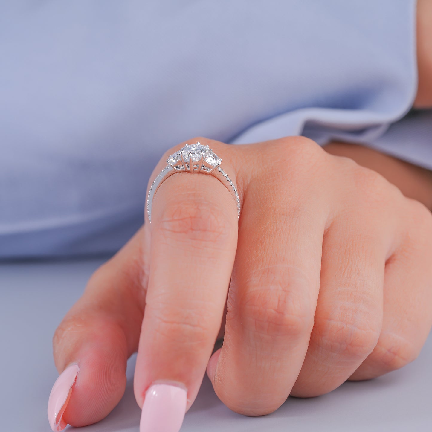 1.00 Carat Oval Diamond Trilogy Pave Band Unique Engagement Ring