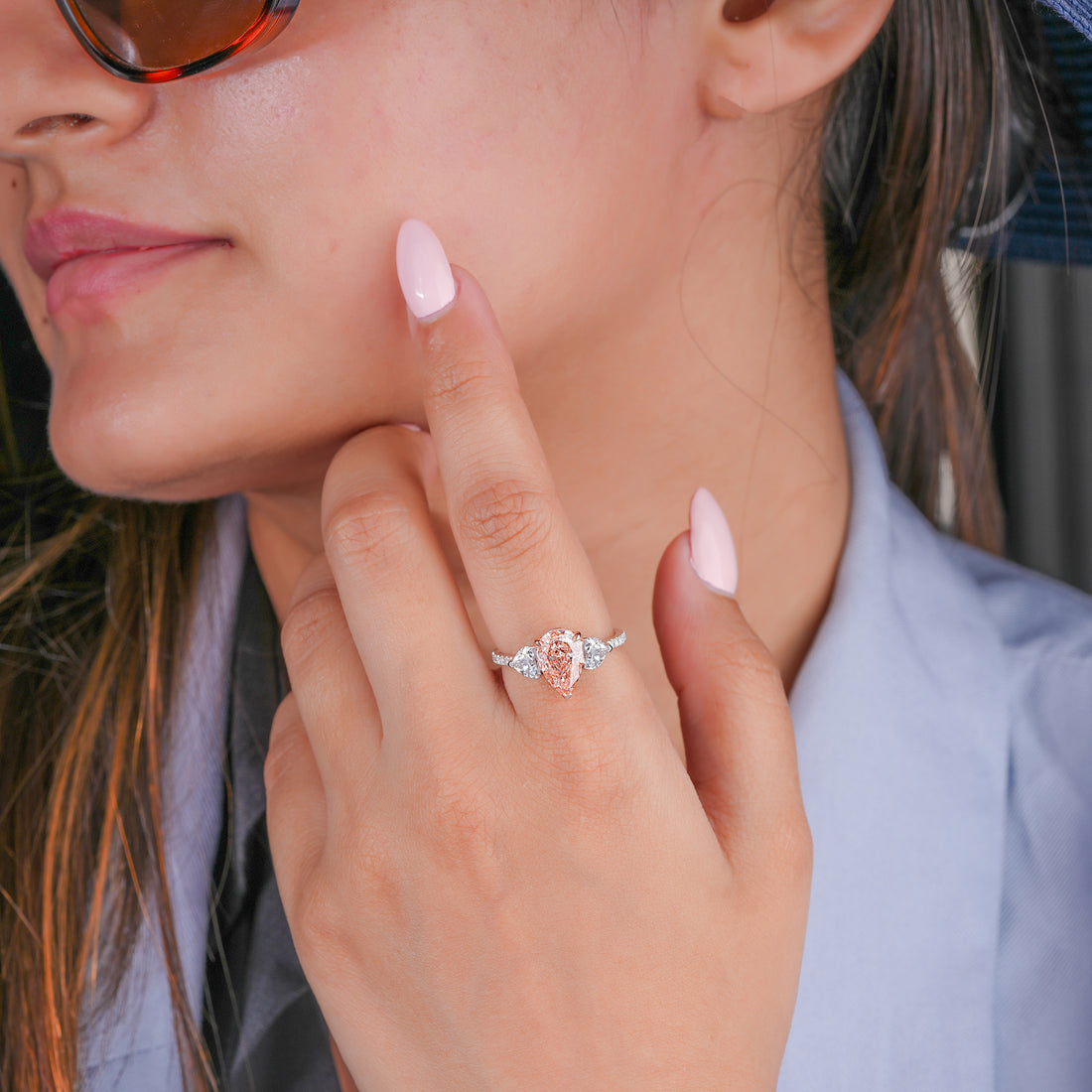 2.10 CT Fancy Pink Pear Lab Grown Diamond Three Stone Pave Engagement Ring