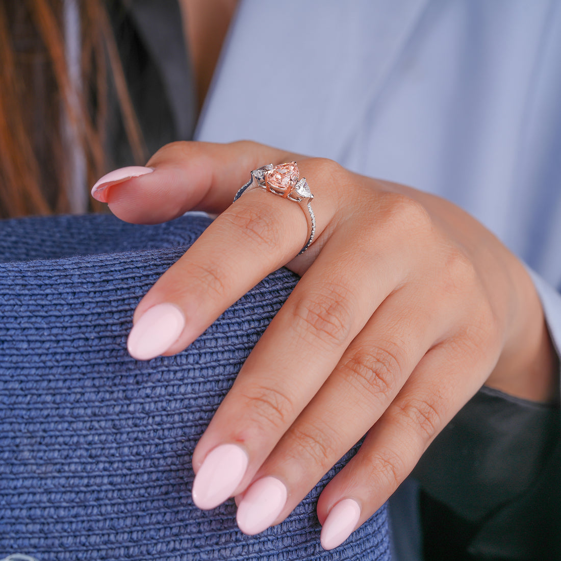 2.10 CT Fancy Pink Pear Lab Grown Diamond Three Stone Pave Engagement Ring