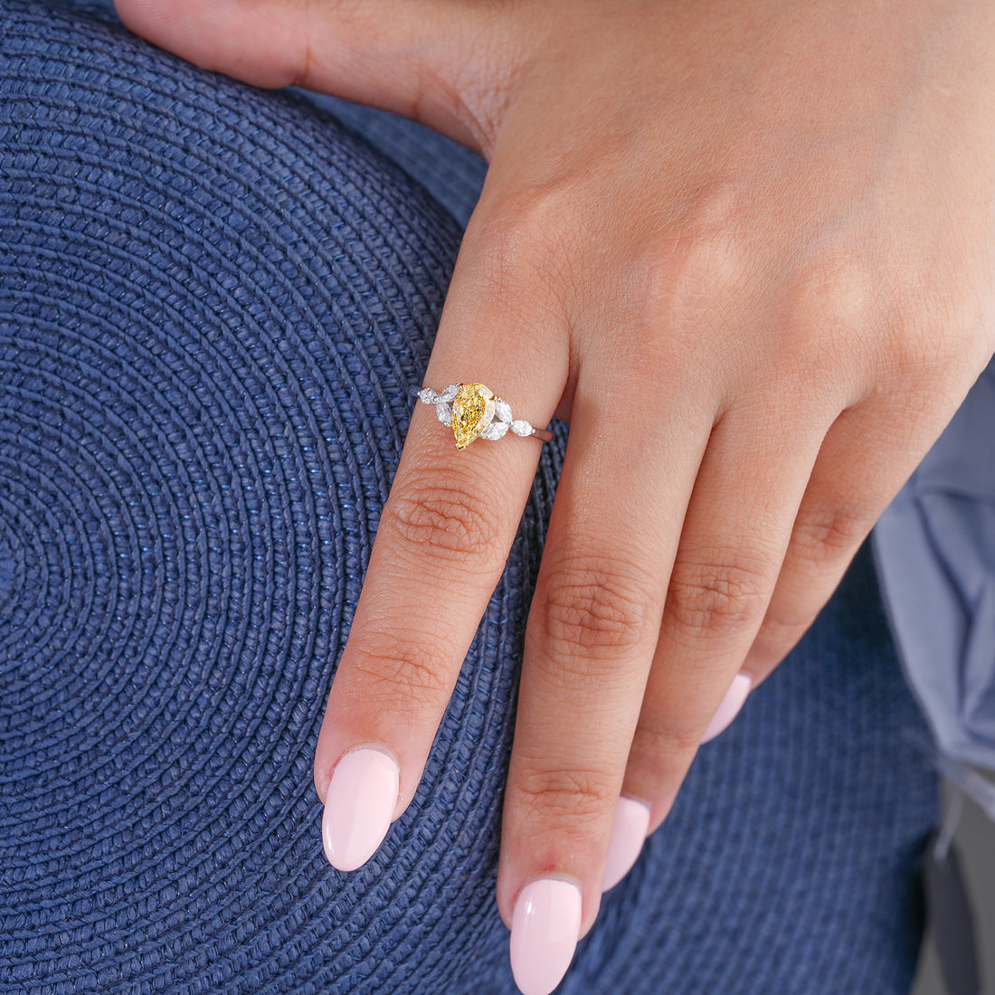 1.10 Ct Yellow Pear Cut Diamond Marquise Side Stone Cluster Setting Engagement Ring