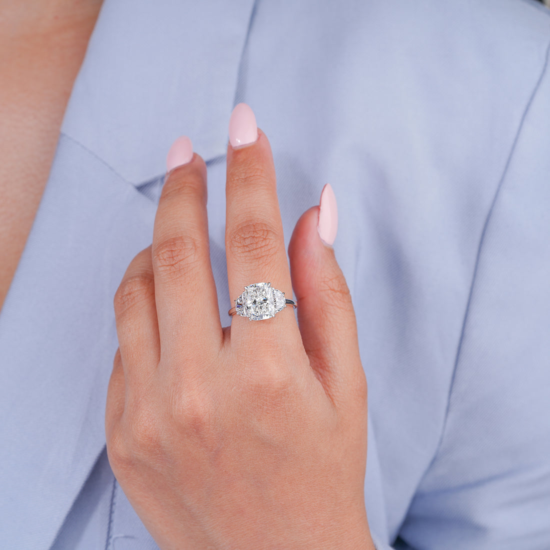 3.10 ct Cushion Lab Grown Diamond Three Stone Plain Band Unique Engagement Ring