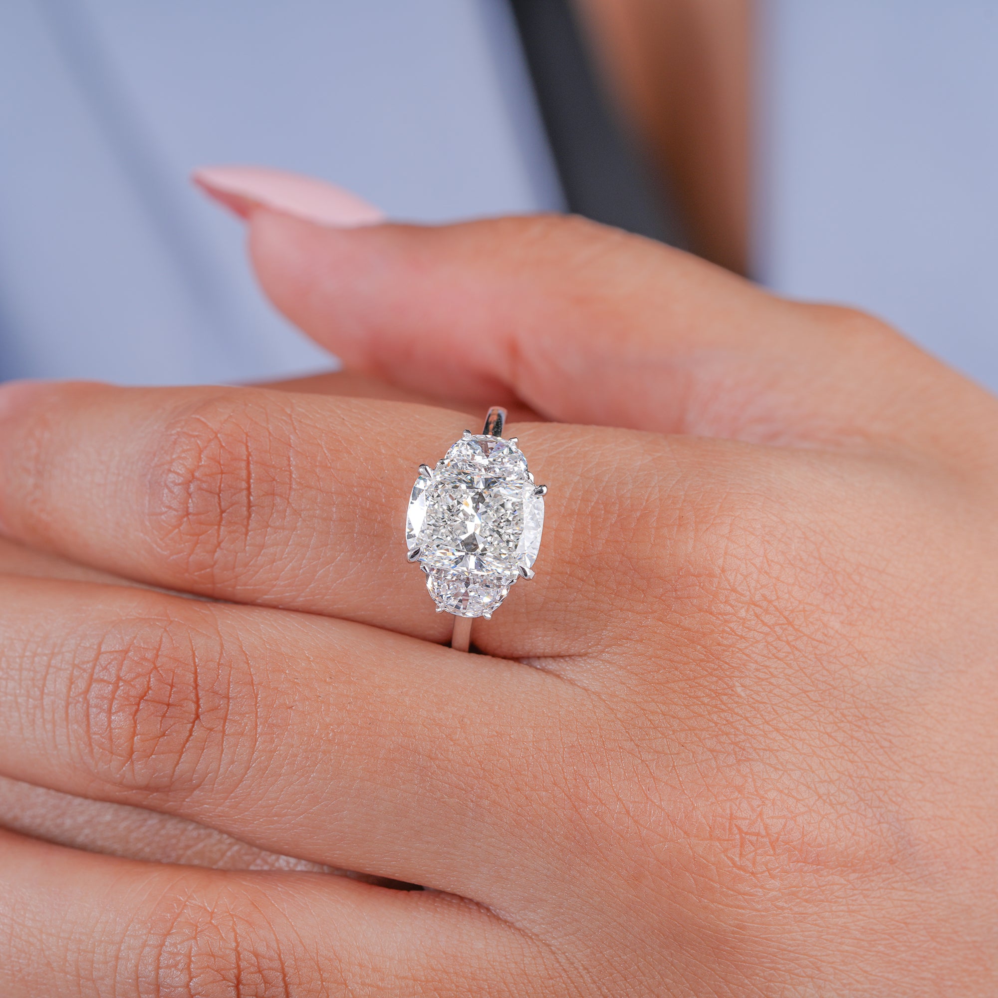 3.10 ct Cushion Lab Grown Diamond Three Stone Plain Band Unique Engagement Ring