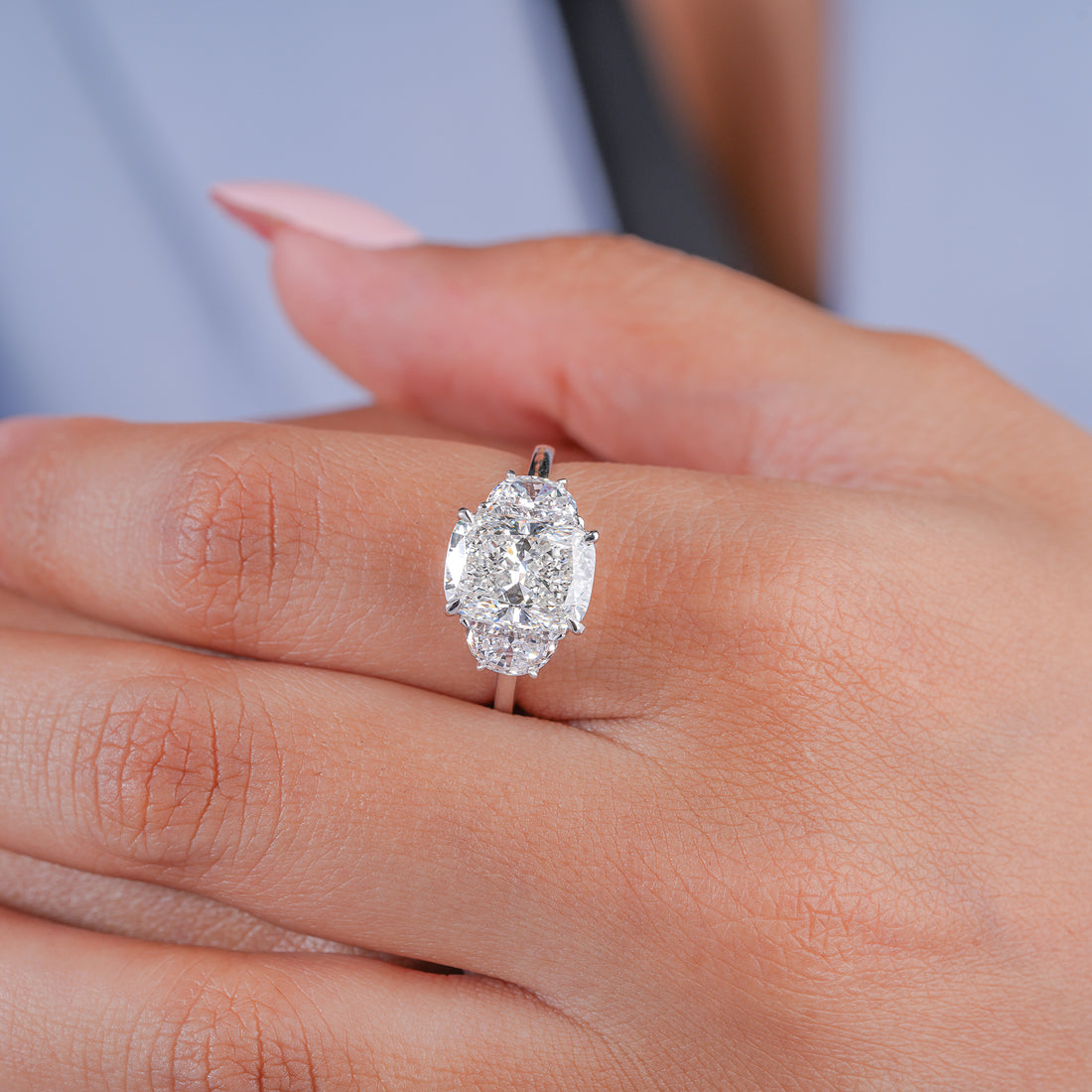 3.10 ct Cushion Lab Grown Diamond Three Stone Plain Band Unique Engagement Ring