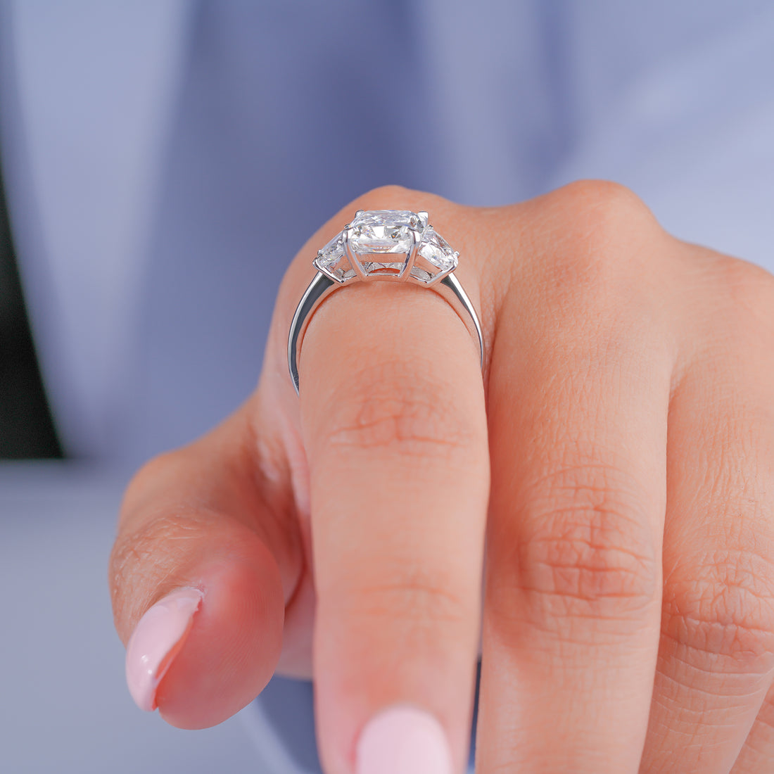 3.10 ct Cushion Lab Grown Diamond Three Stone Plain Band Unique Engagement Ring