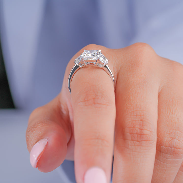 3.10 ct Cushion Lab Grown Diamond Three Stone Plain Band Unique Engagement Ring