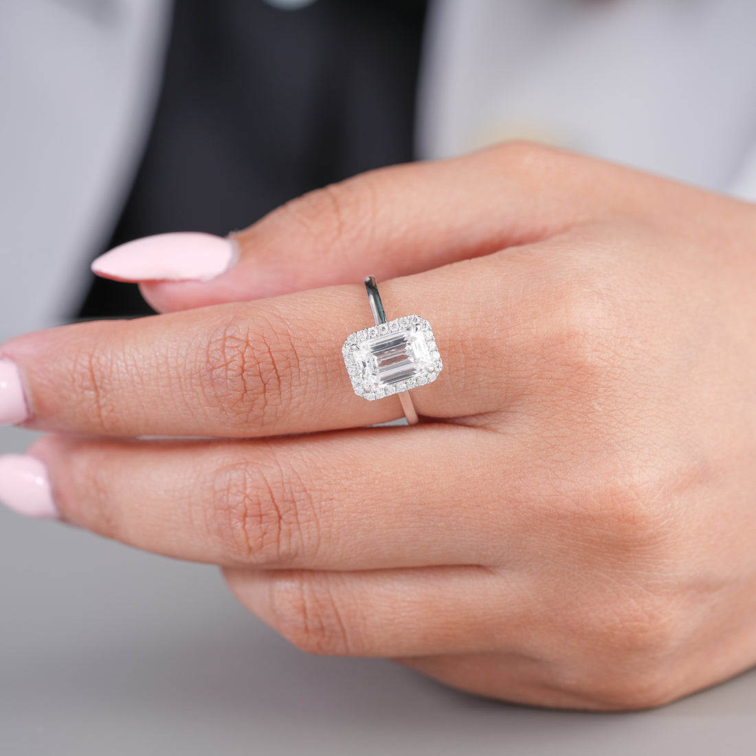 2.10 CT Emerald Cut Lab Grown Diamond Bridge Halo Set Solitaire Engagement Ring