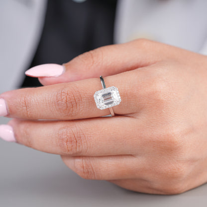 2.00 CT Emerald Cut Lab Grown Diamond Bridge Halo Set Solitaire Engagement Ring