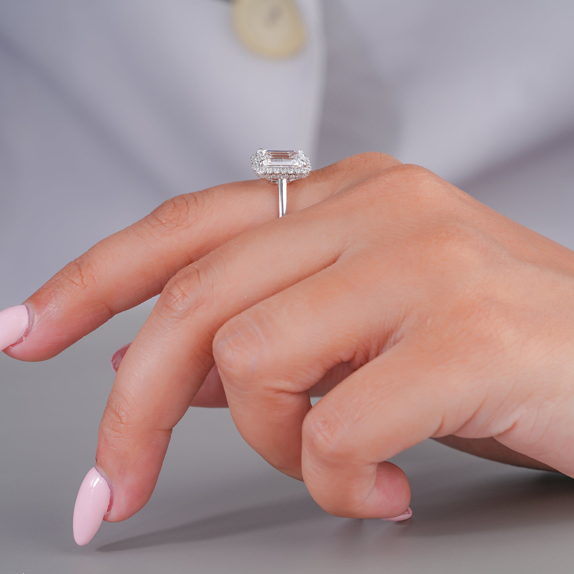 2.10 CT Emerald Cut Lab Grown Diamond Bridge Halo Set Solitaire Engagement Ring