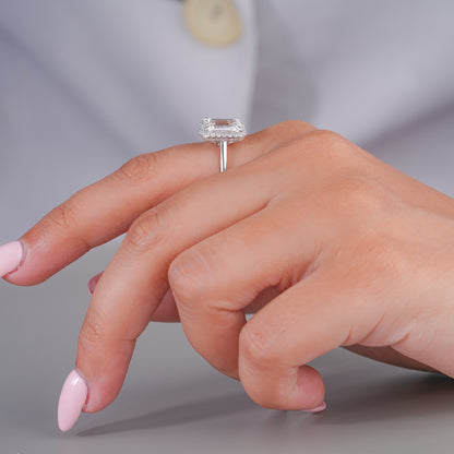 2.00 CT Emerald Cut Lab Grown Diamond Bridge Halo Set Solitaire Engagement Ring