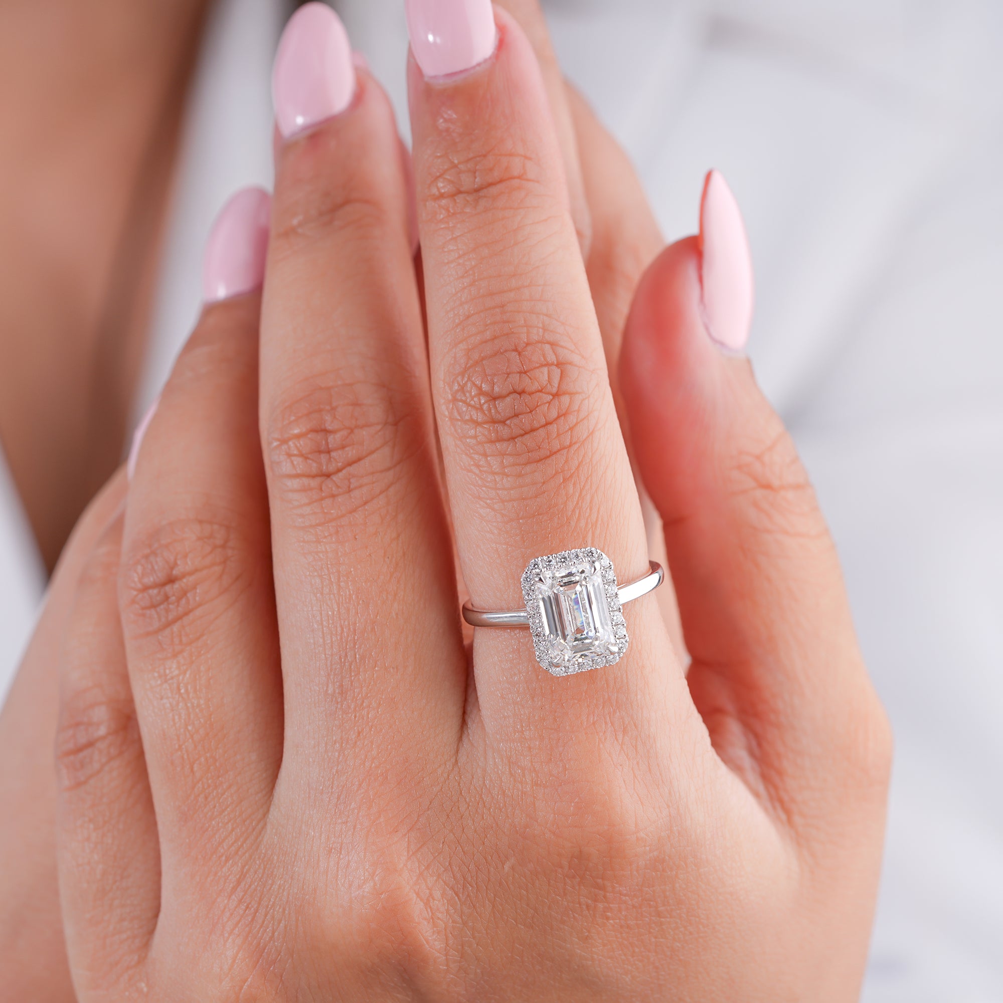 2.10 CT Emerald Cut Lab Grown Diamond Bridge Halo Set Solitaire Engagement Ring