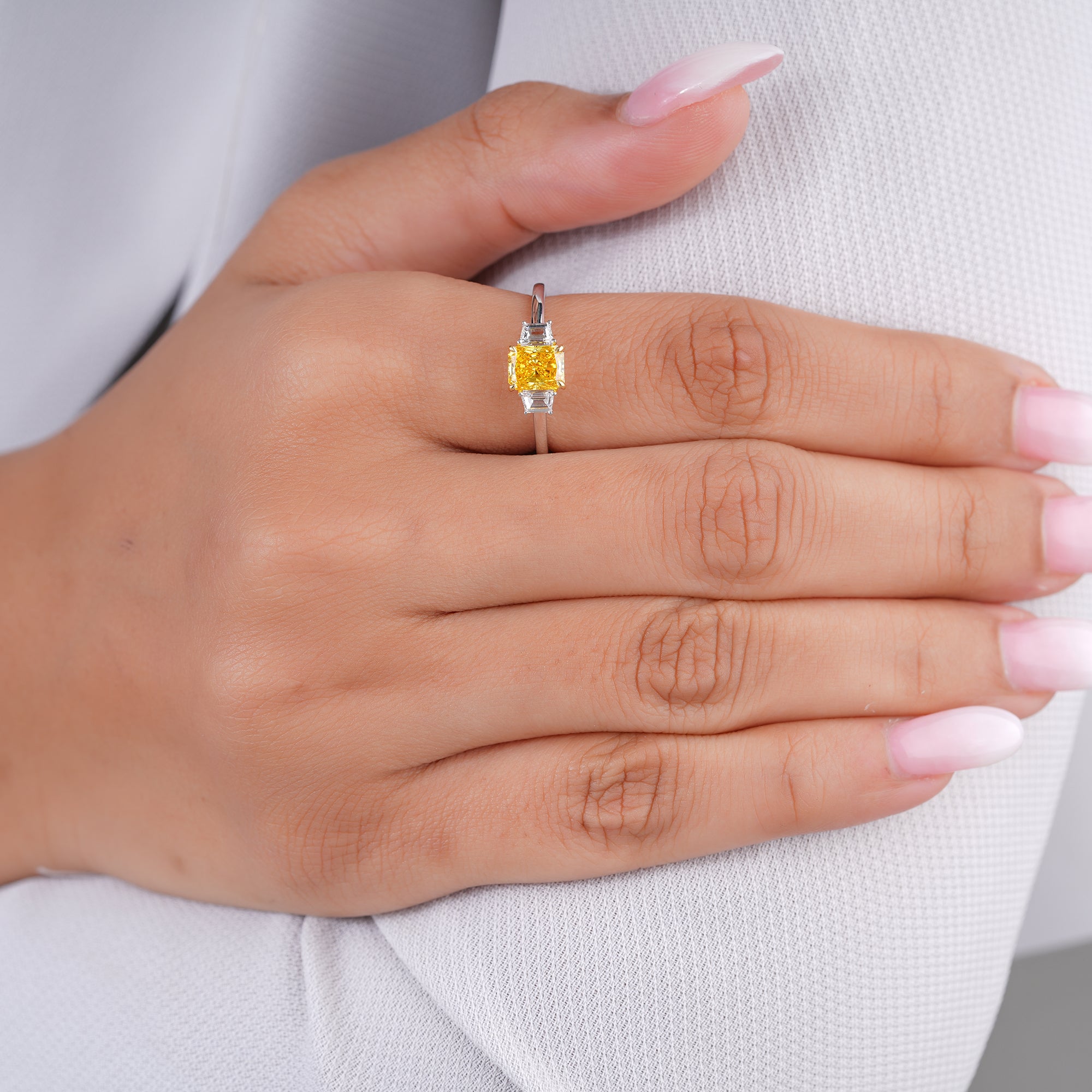 0.90 CT Fancy Yellow Radiant Lab Grown Diamond Three Stone Unique Engagemnet Ring