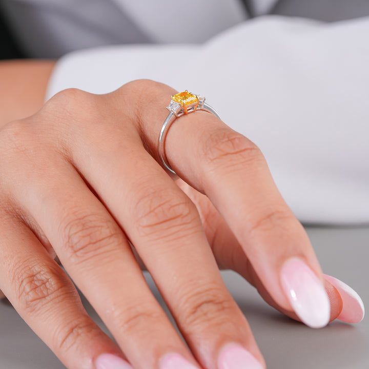 0.90 CT Fancy Yellow Radiant Lab Grown Diamond Three Stone Unique Engagemnet Ring