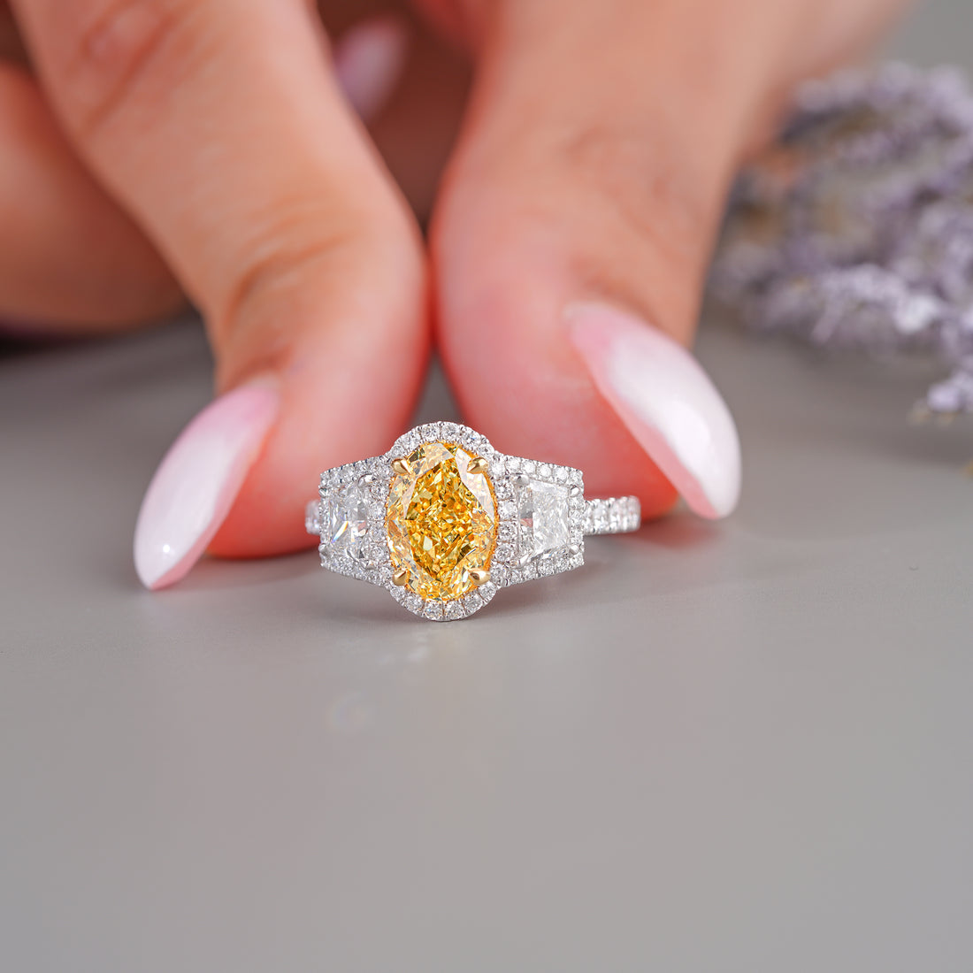 2 Carat Fancy Yellow Oval Lab Grown Diamond Halo Vintage Style Engagement Ring