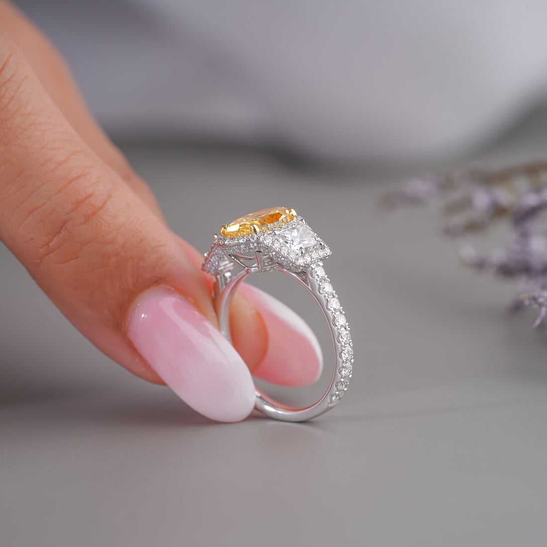 2 Carat Fancy Yellow Oval Lab Grown Diamond Halo Vintage Style Engagement Ring