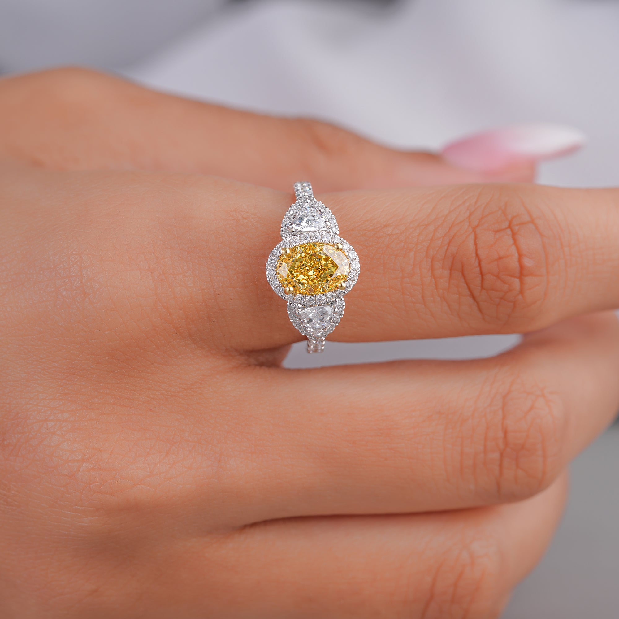 1.55 ct Yellow Oval Cut Diamond Two Trillion Diamond Engagement Ring