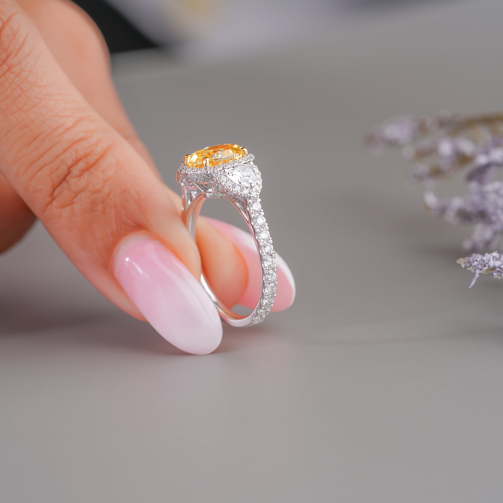 1.55 ct Yellow Oval Cut Diamond Two Trillion Diamond Engagement Ring