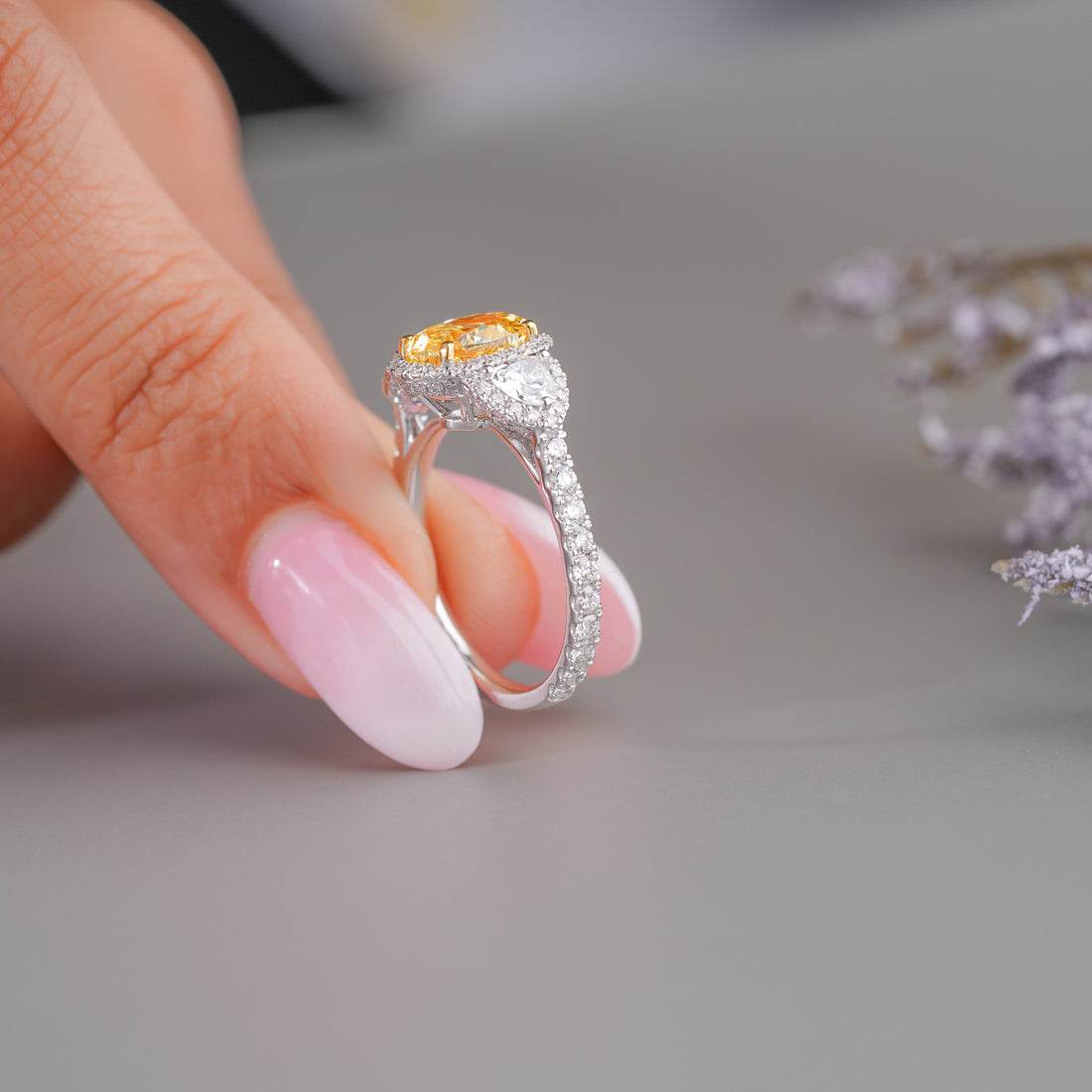 1.55 ct Yellow Oval Cut Diamond Two Trillion Diamond Engagement Ring