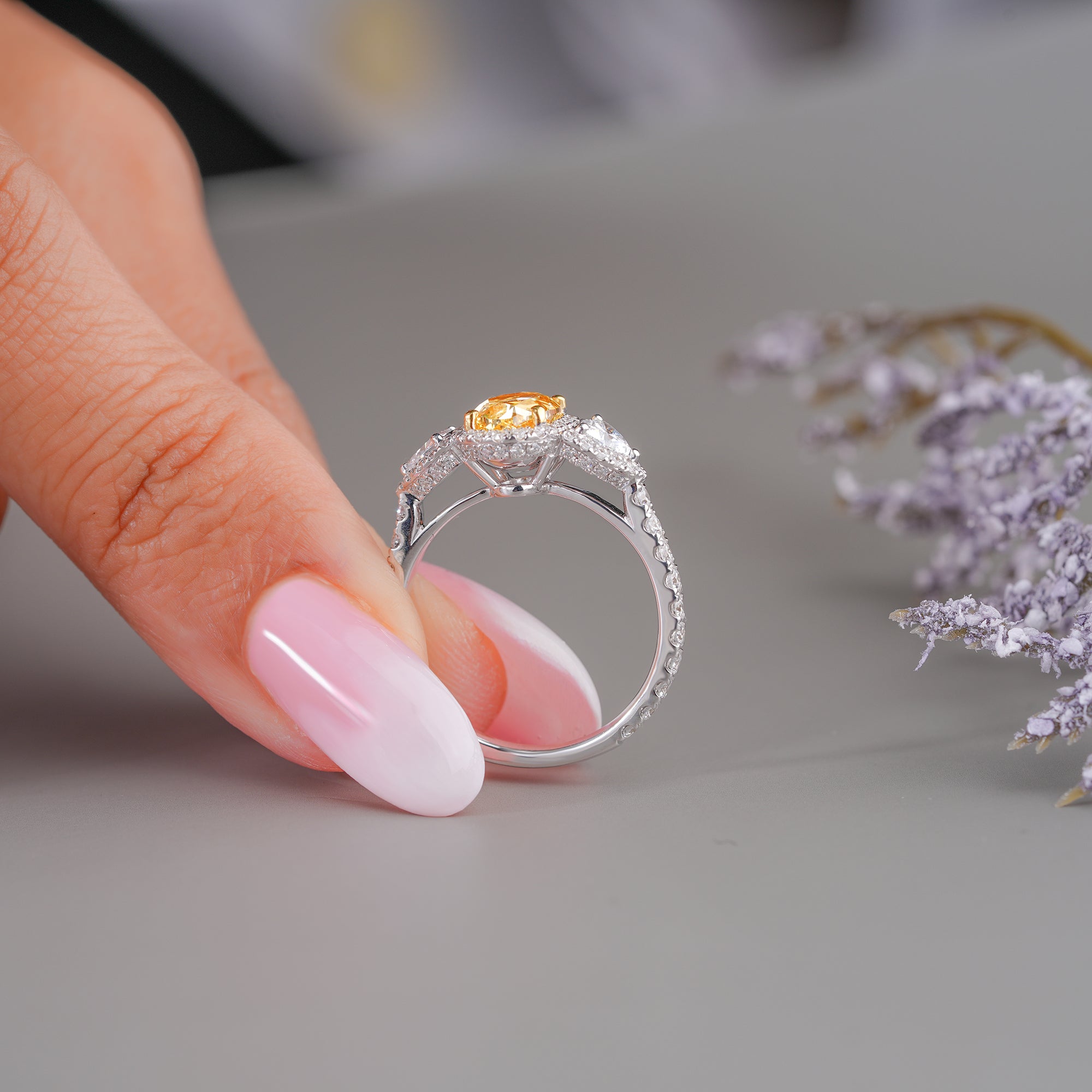 1.55 ct Yellow Oval Cut Diamond Two Trillion Diamond Engagement Ring