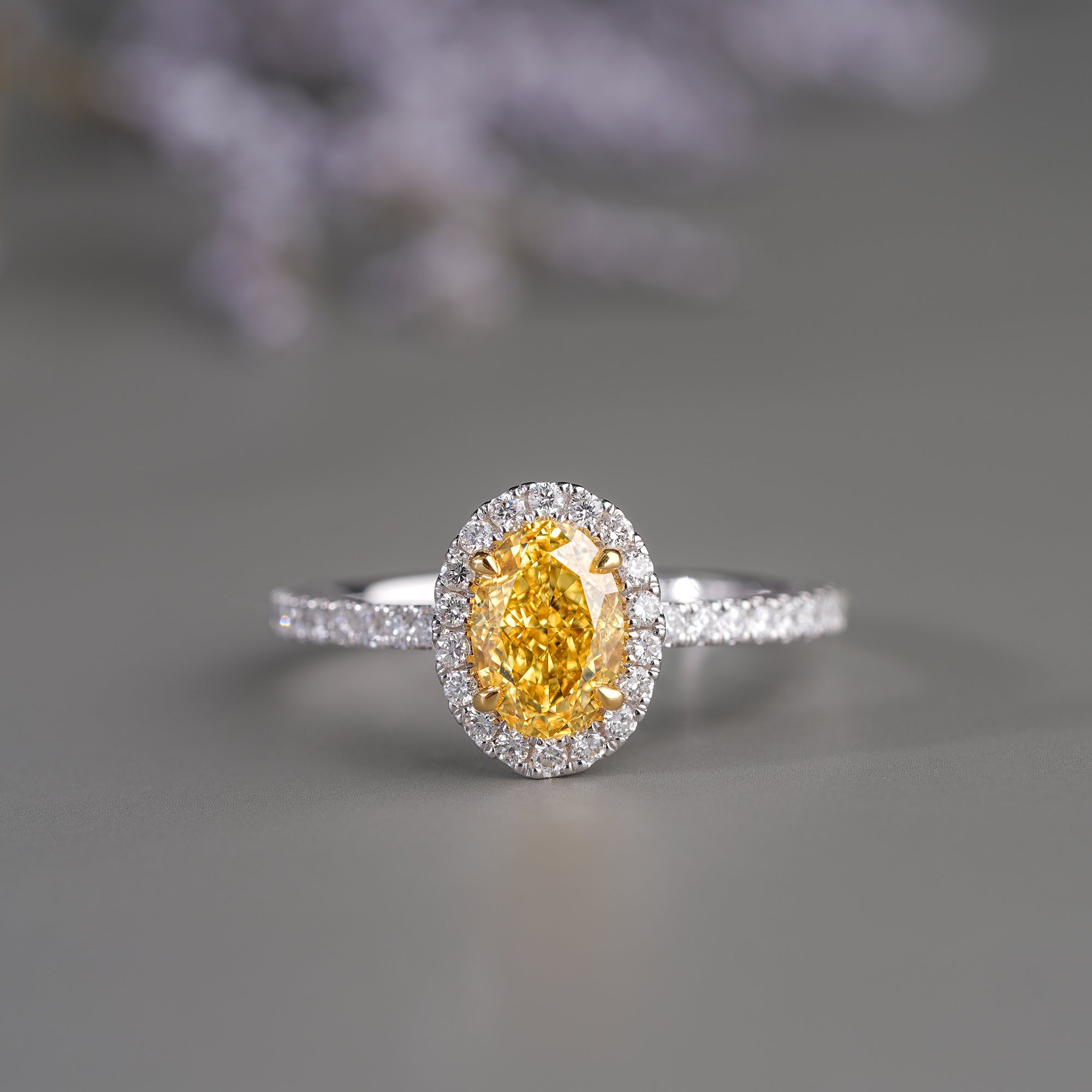 1.10 CT Fancy Yellow Oval Lab Grown Diamond Halo Classic Pave Engagement Ring