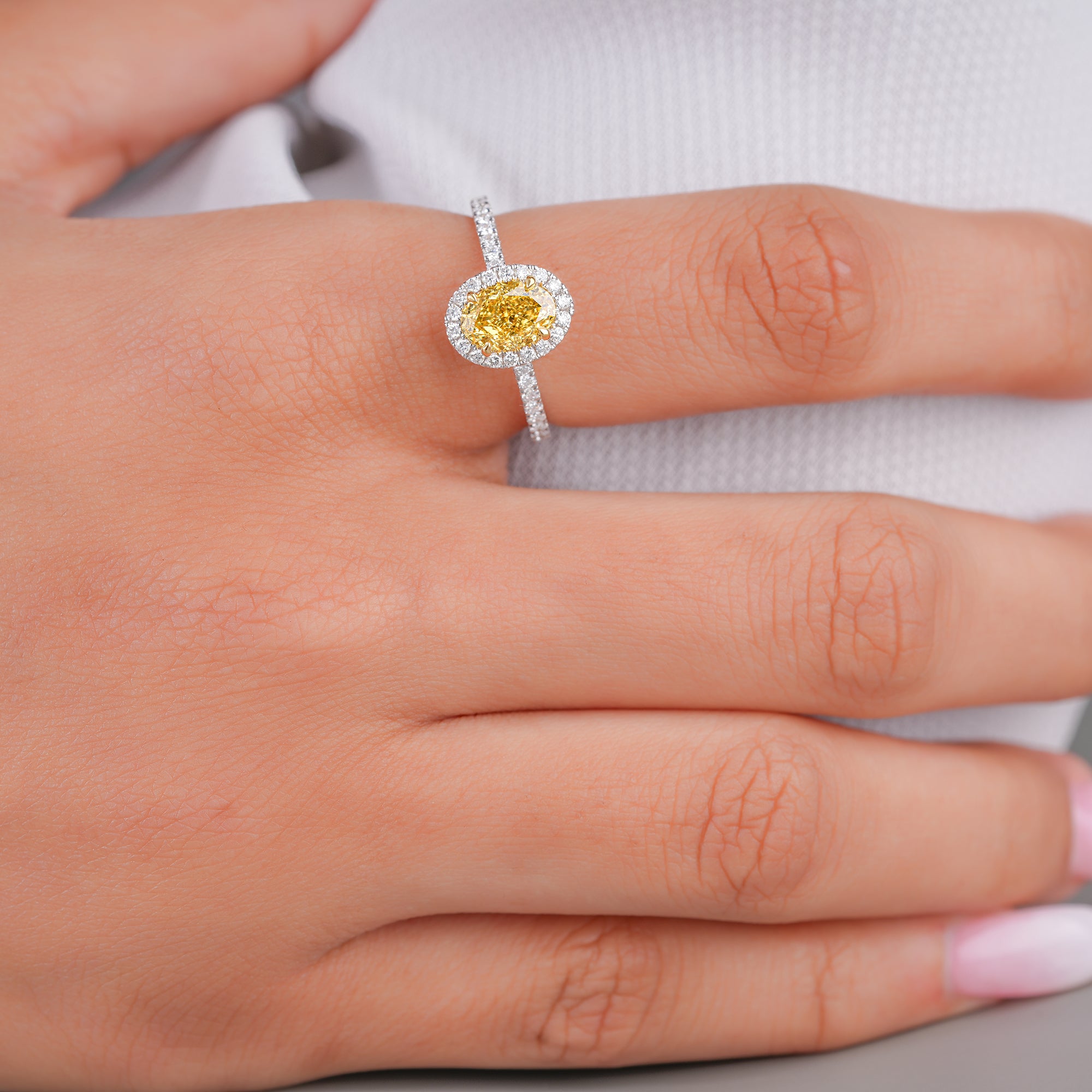 1.10 CT Fancy Yellow Oval Lab Grown Diamond Halo Classic Pave Engagement Ring