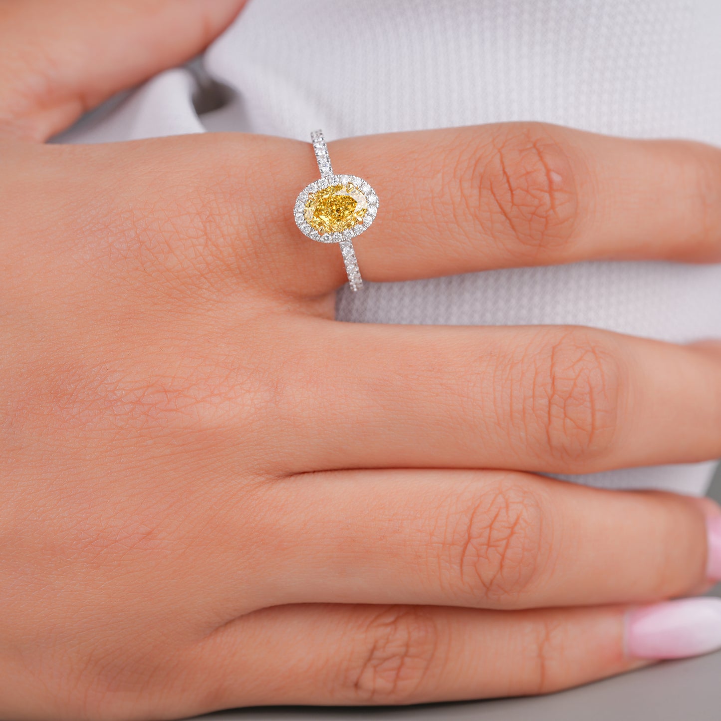1.00 CT Fancy Yellow Oval Lab Grown Diamond Halo Classic Pave Engagement Ring