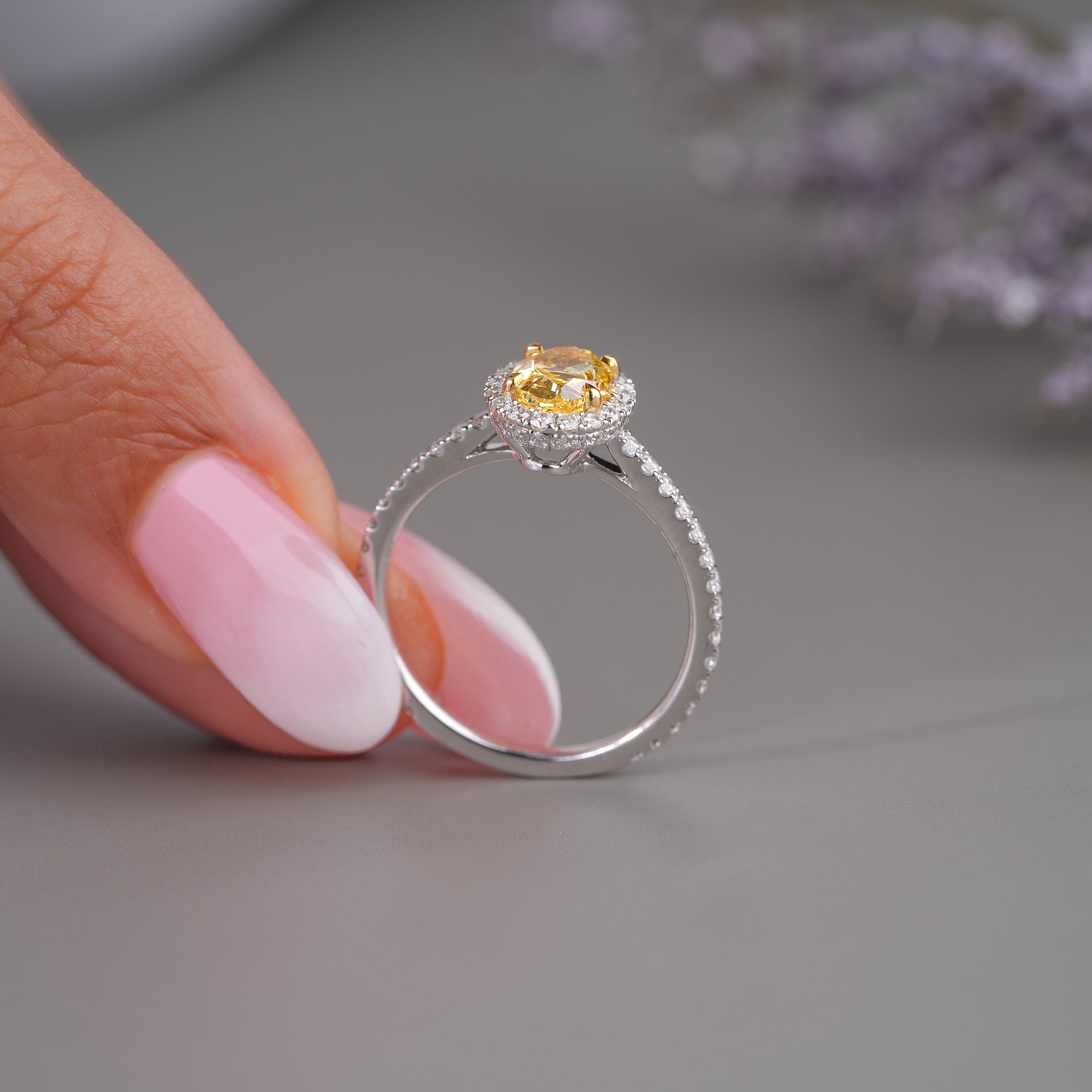 1.10 CT Fancy Yellow Oval Lab Grown Diamond Halo Classic Pave Engagement Ring