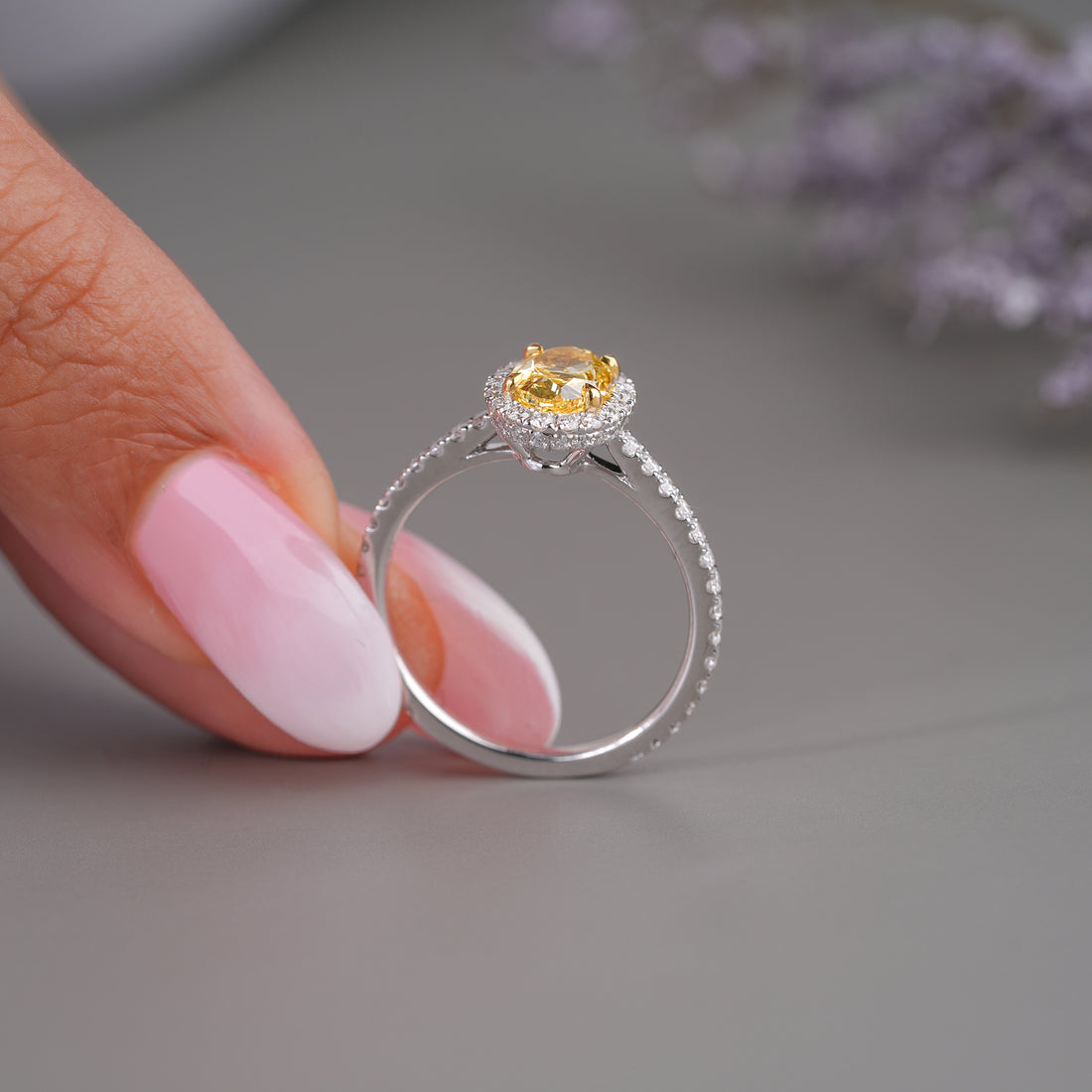 1.10 CT Fancy Yellow Oval Lab Grown Diamond Halo Classic Pave Engagement Ring