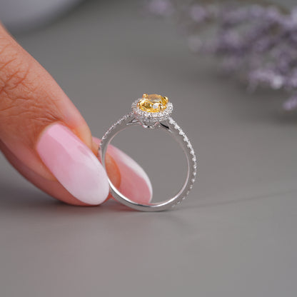 1.00 CT Fancy Yellow Oval Lab Grown Diamond Halo Classic Pave Engagement Ring