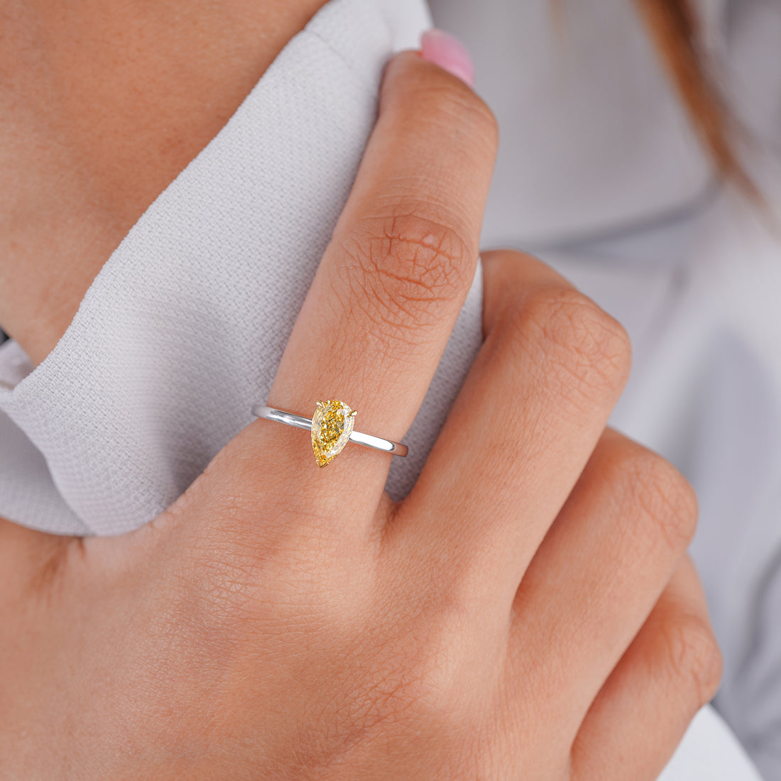 1.00 CT Fancy Yellow Pear Lab Grown Diamond Solitaire Teardrop Engagement Ring