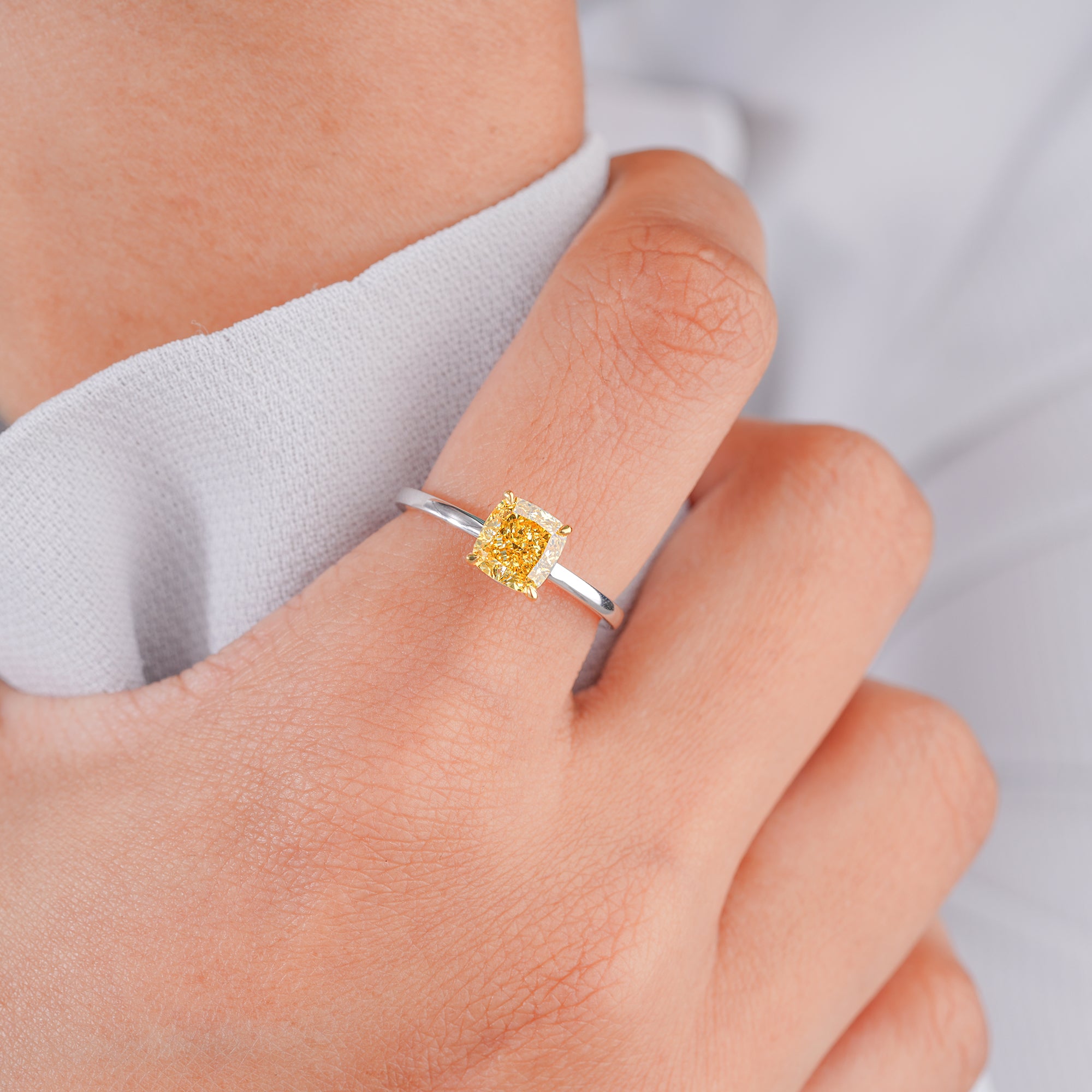 1.5 CT Cushion Fancy Yellow Lab Grown Diamond Solitaire Ring