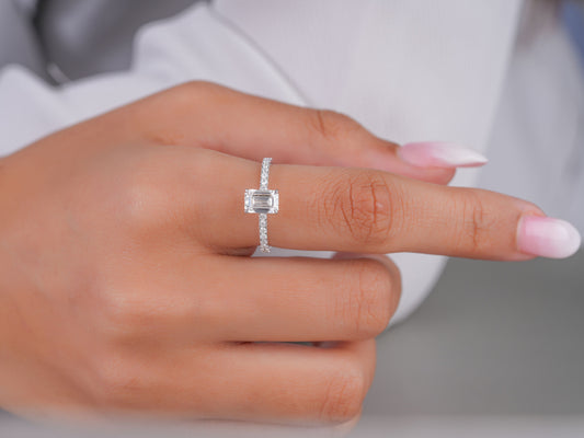 1.50 Ct Emerald Diamond Ring Petite Pave & Hidden Halo Engagement Ring