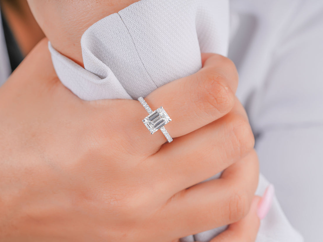 2 Ct Emerald Diamond Ring Petite Pave & Hidden Halo Engagement Ring