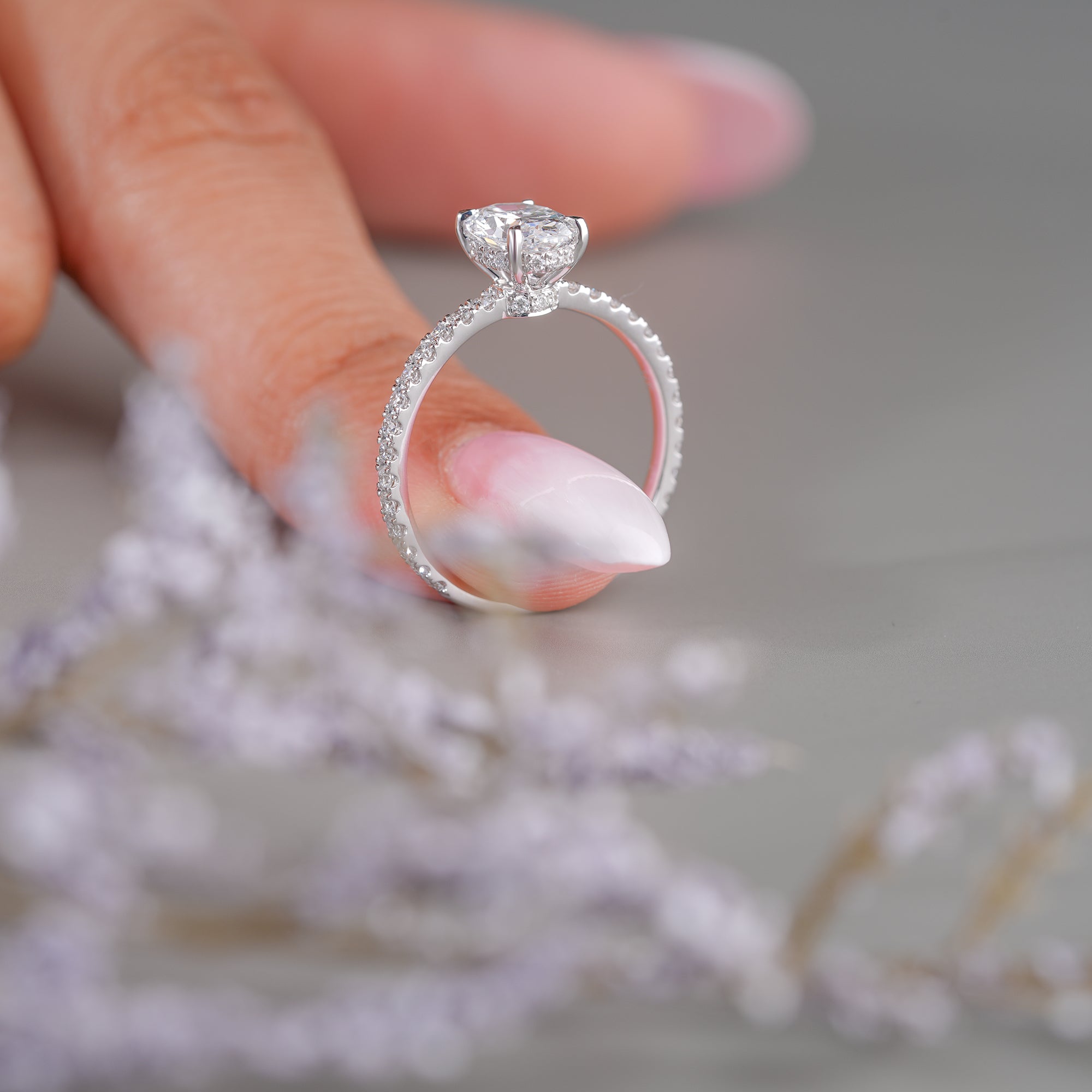 1.05 CT Oval Cut Lab Grown Diamond Hidden Halo Pave Engagement Ring