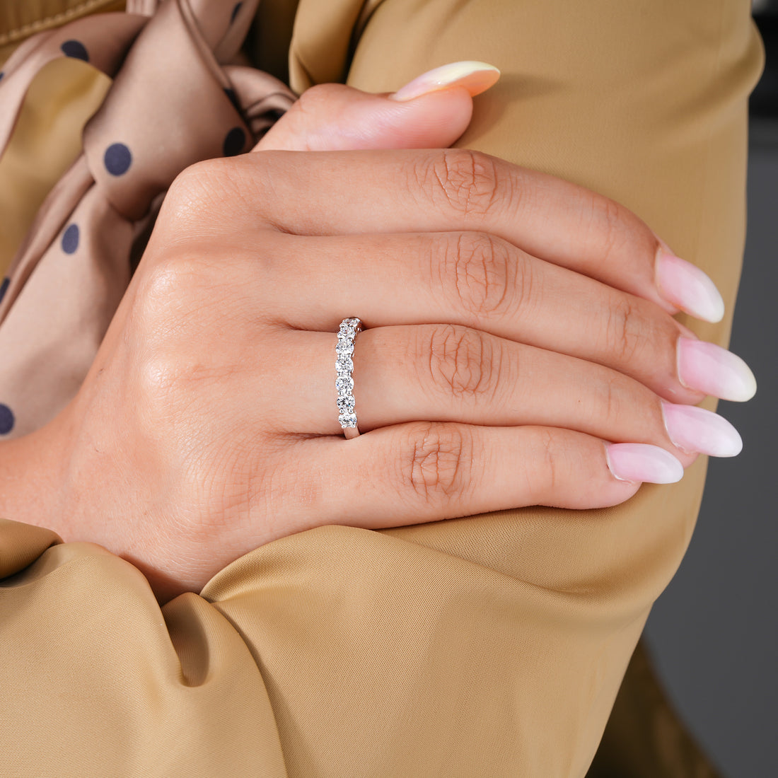 1.1 Ct Round Cut Lab Grown Half Eternity Gold Handmade Bridal Wedding Band