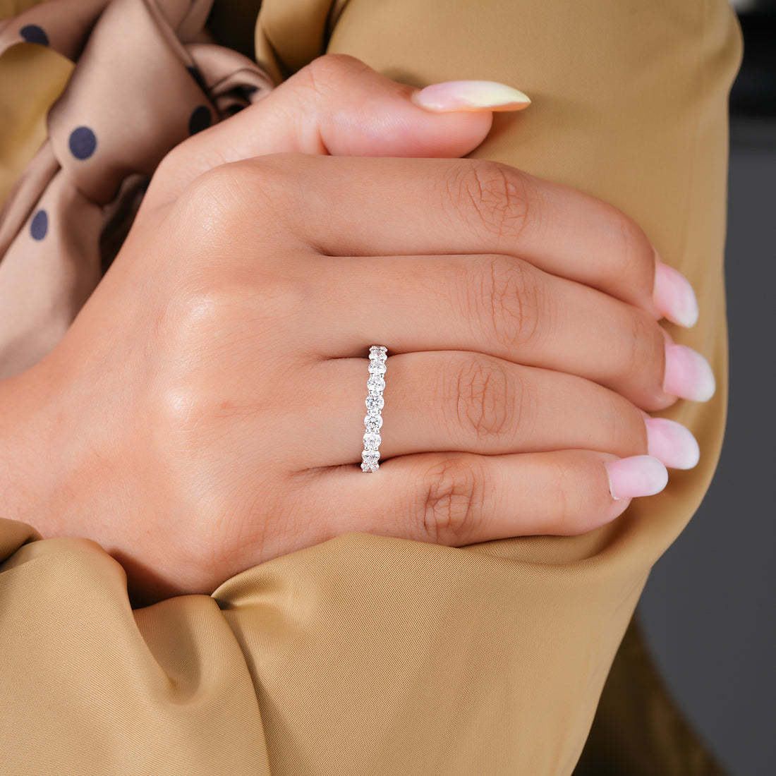 1.1 Ct Round Cut Lab Grown Half Eternity Gold Handmade Bridal Wedding Band