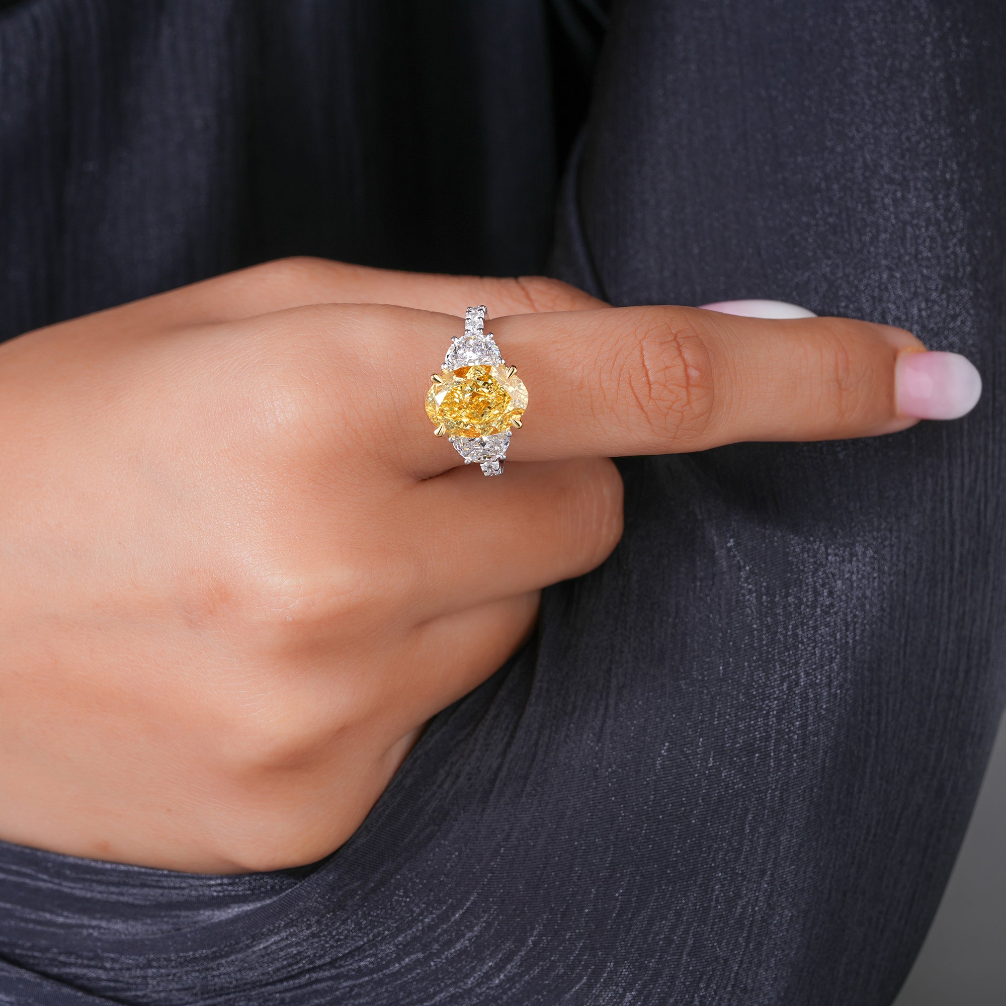 5.10 Ct Yellow Oval Cut Lab Grown Diamond Trilogy Pave  Elite Luxury Engagement Ring