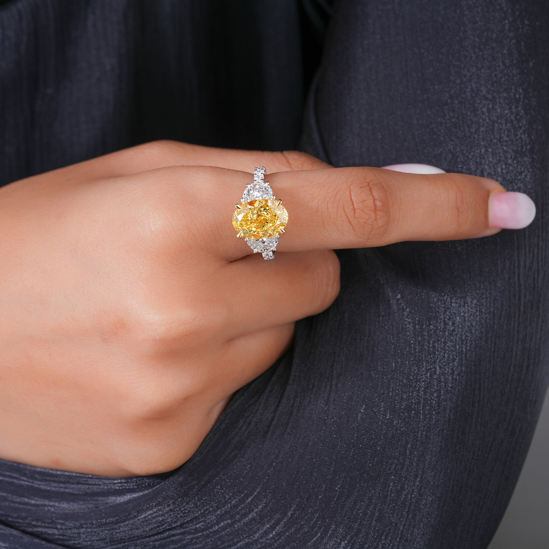 5.10 Ct Yellow Oval Cut Lab Grown Diamond Trilogy Pave  Elite Luxury Engagement Ring