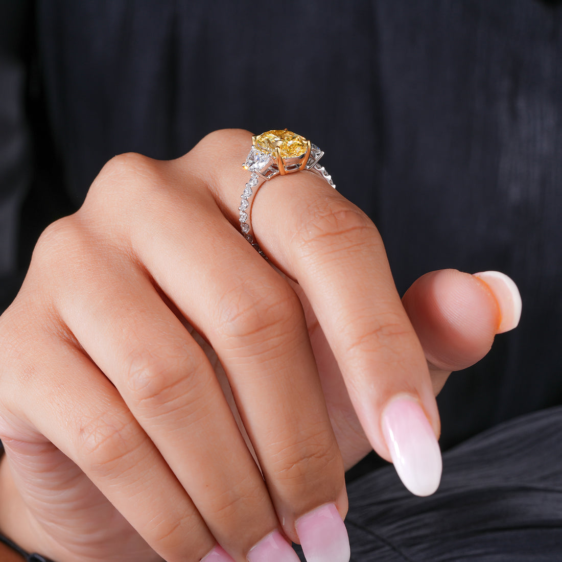 5.10 Ct Yellow Oval Cut Lab Grown Diamond Trilogy Pave  Elite Luxury Engagement Ring