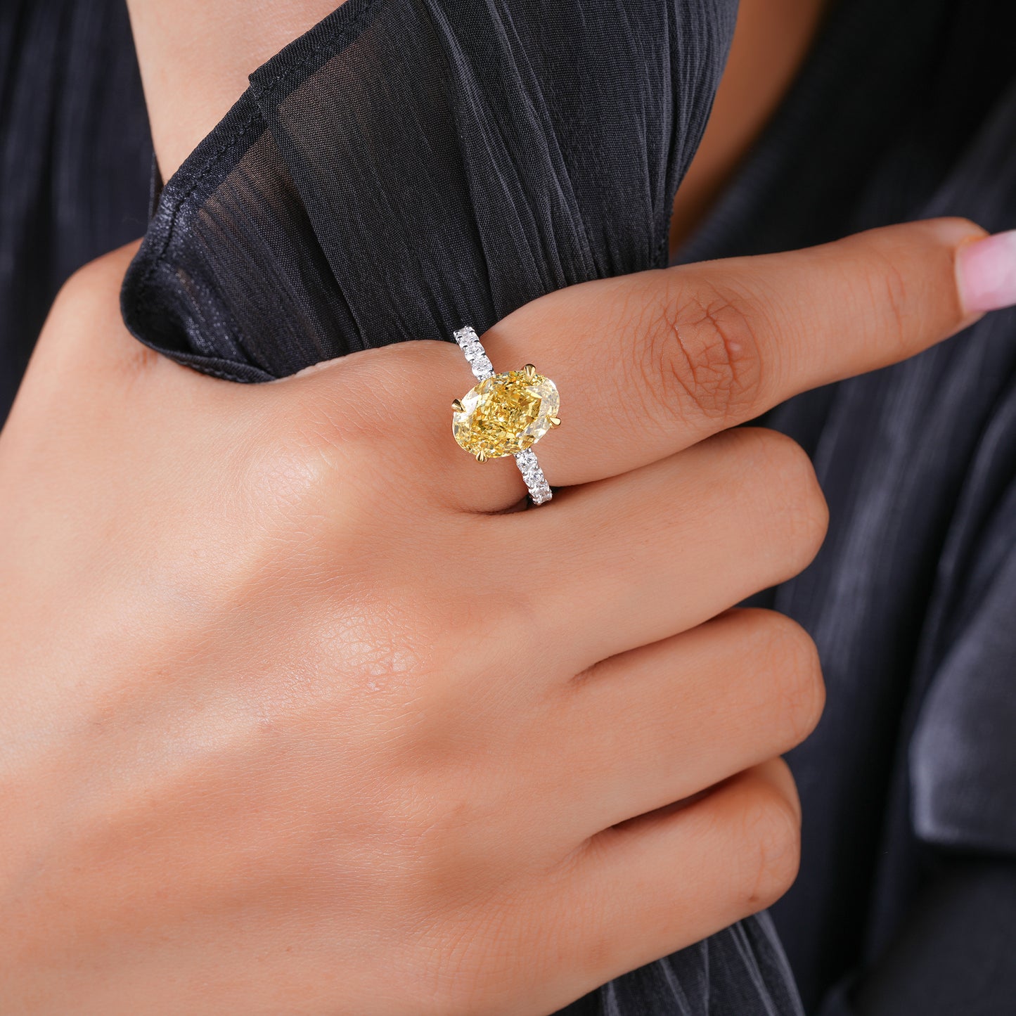 4.50 Ct Oval Cut Yellow Center Stone with Pave Diamond Ring