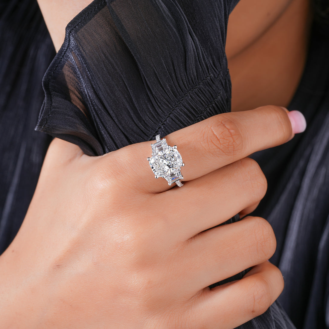 4.03 CT Radiant Cut Three Stone Lab Grown Engagement Ring I  Solid Gold Trapezoid Side Stone I Anniversary Wedding Gift For Girlfriend