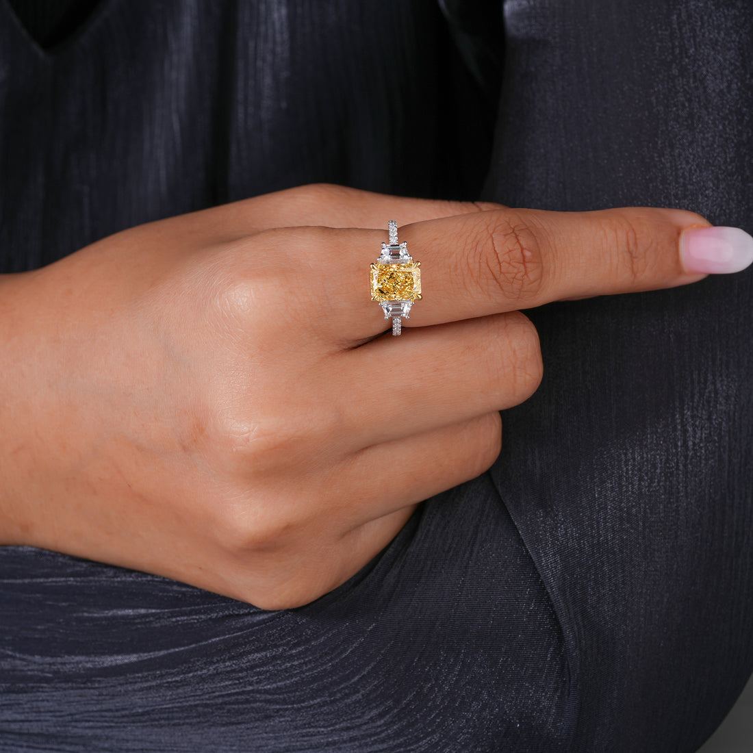 2.2 CT Yellow Radiant Cut Trapezoid Side Diamonds With Pave Engagement Ring
