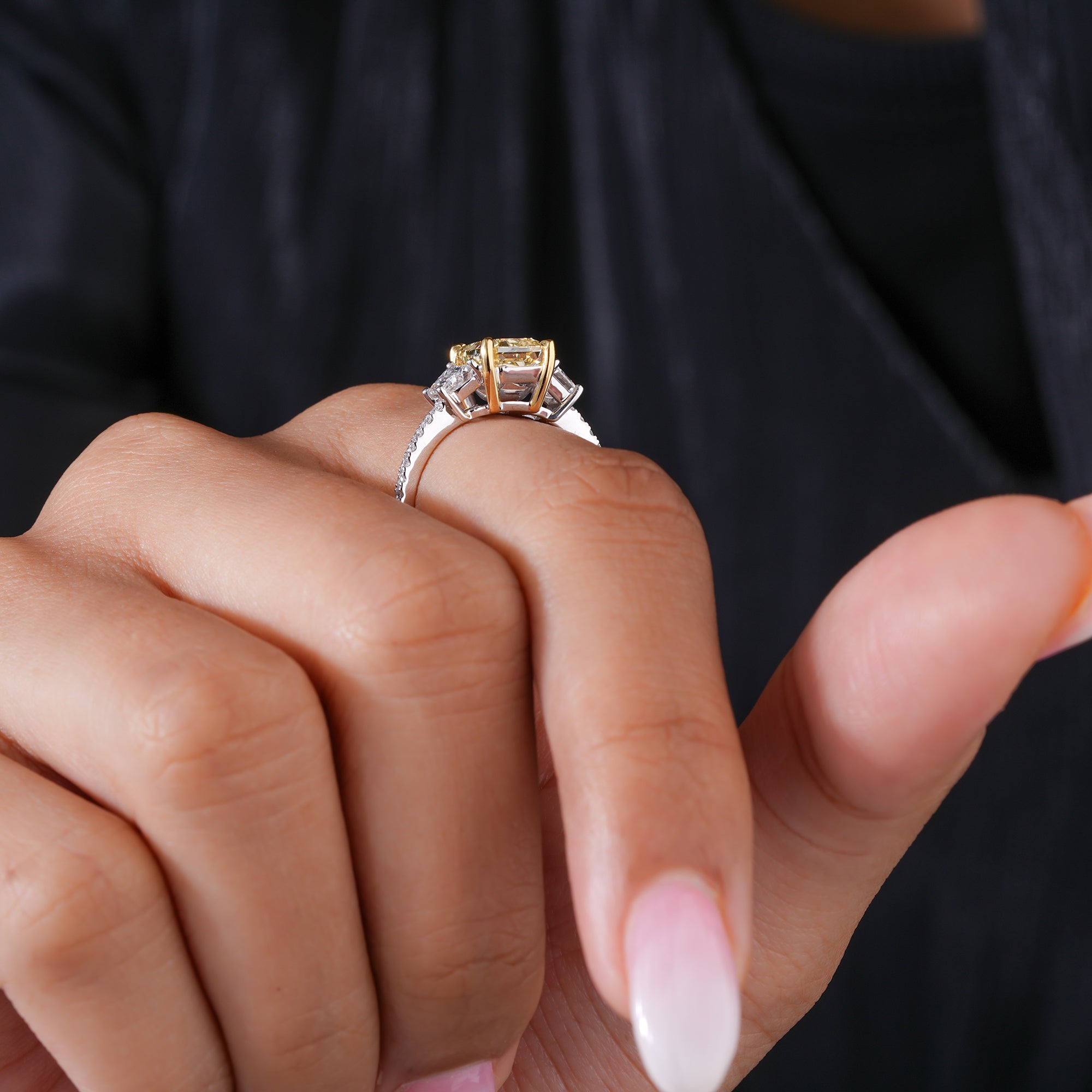 2.2 CT Yellow Radiant Cut Trapezoid Side Diamonds With Pave Engagement Ring