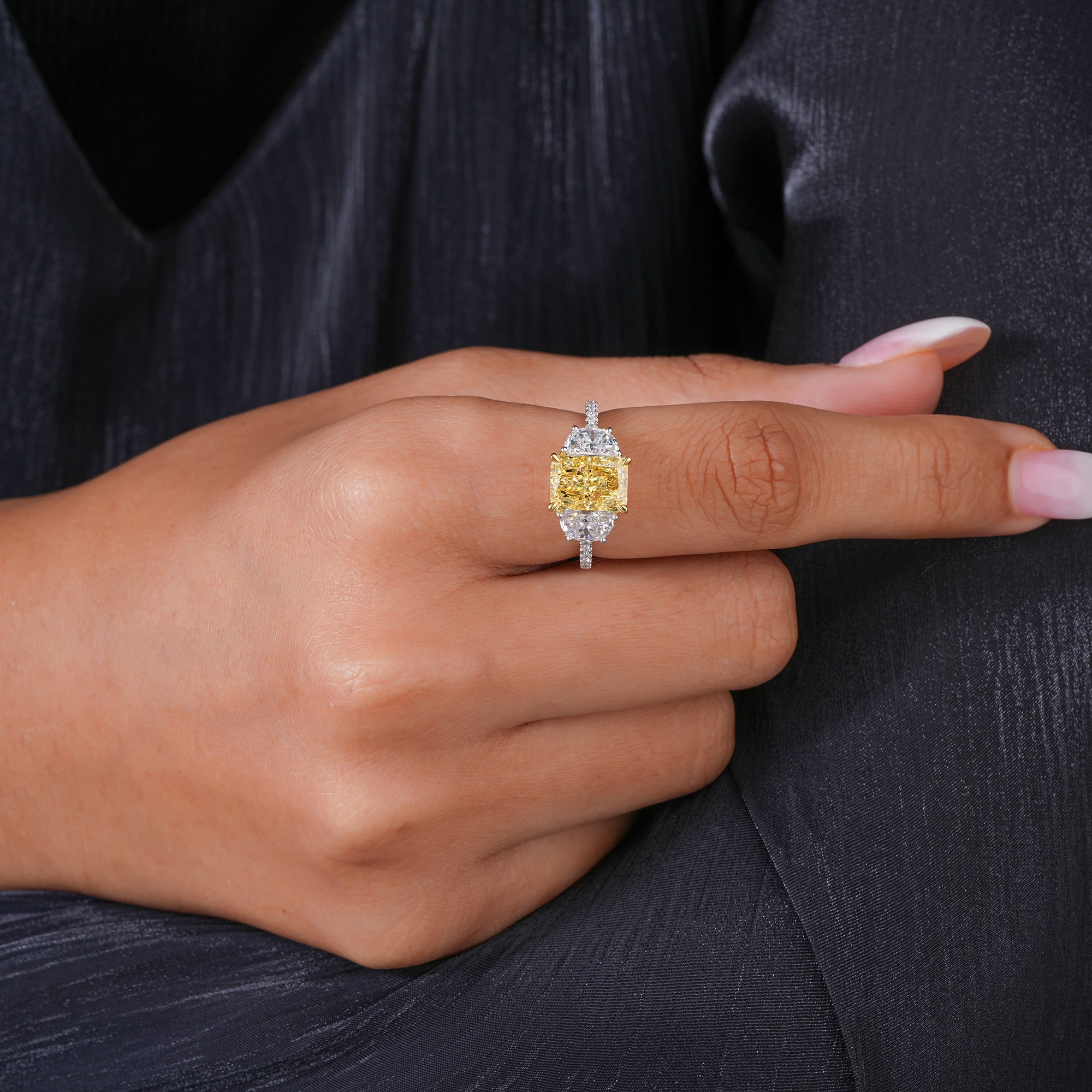 2.35 CT Yellow Radiant Cut Diamond Half Moon & Round Side Diamonds I With Pave I Engagement Ring