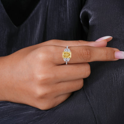 2.50 CT Yellow Radiant Cut Diamond Half Moon & Round Side Diamonds I With Pave I Engagement Ring