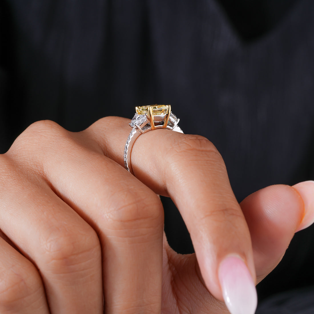 2.35 CT Yellow Radiant Cut Diamond Half Moon & Round Side Diamonds I With Pave I Engagement Ring