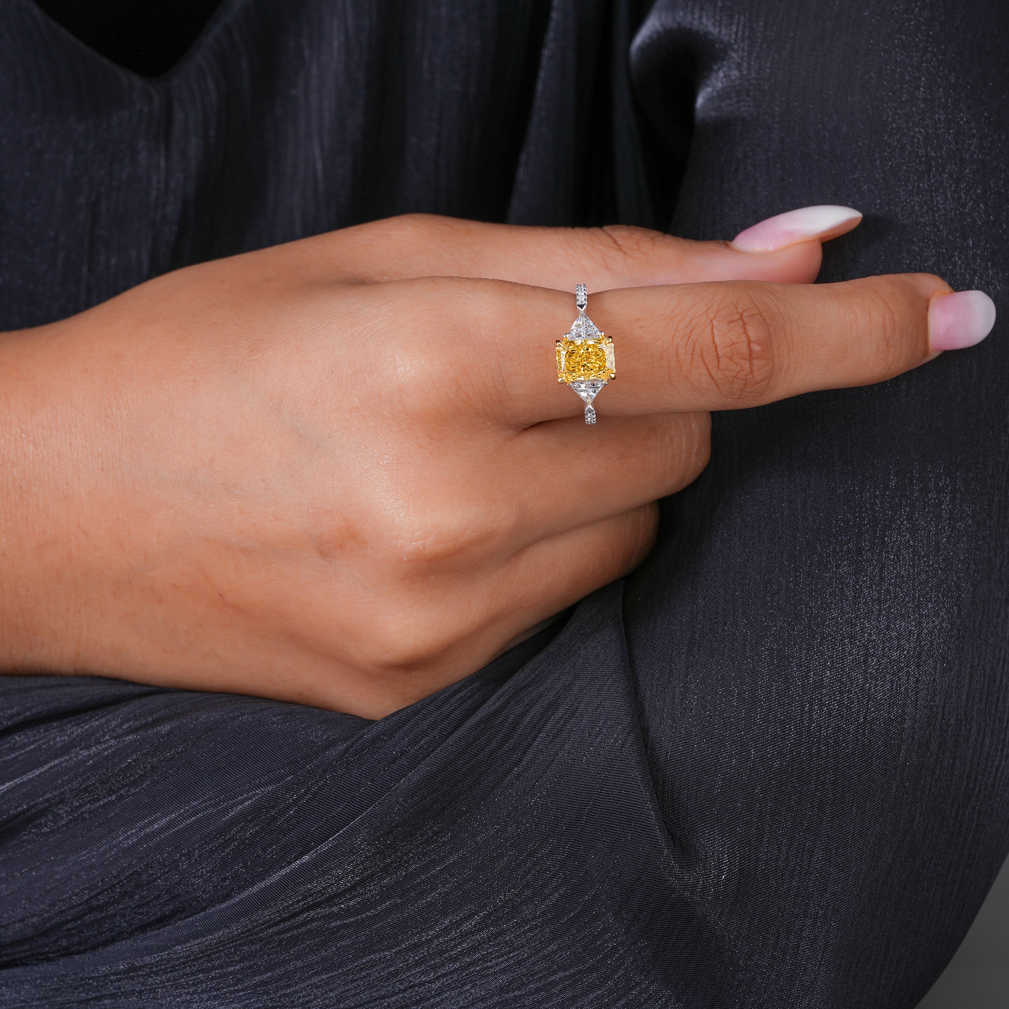 1.9 CT Yellow Radiant Cut Diamond Triangle & Round Cut Side Stone Ring