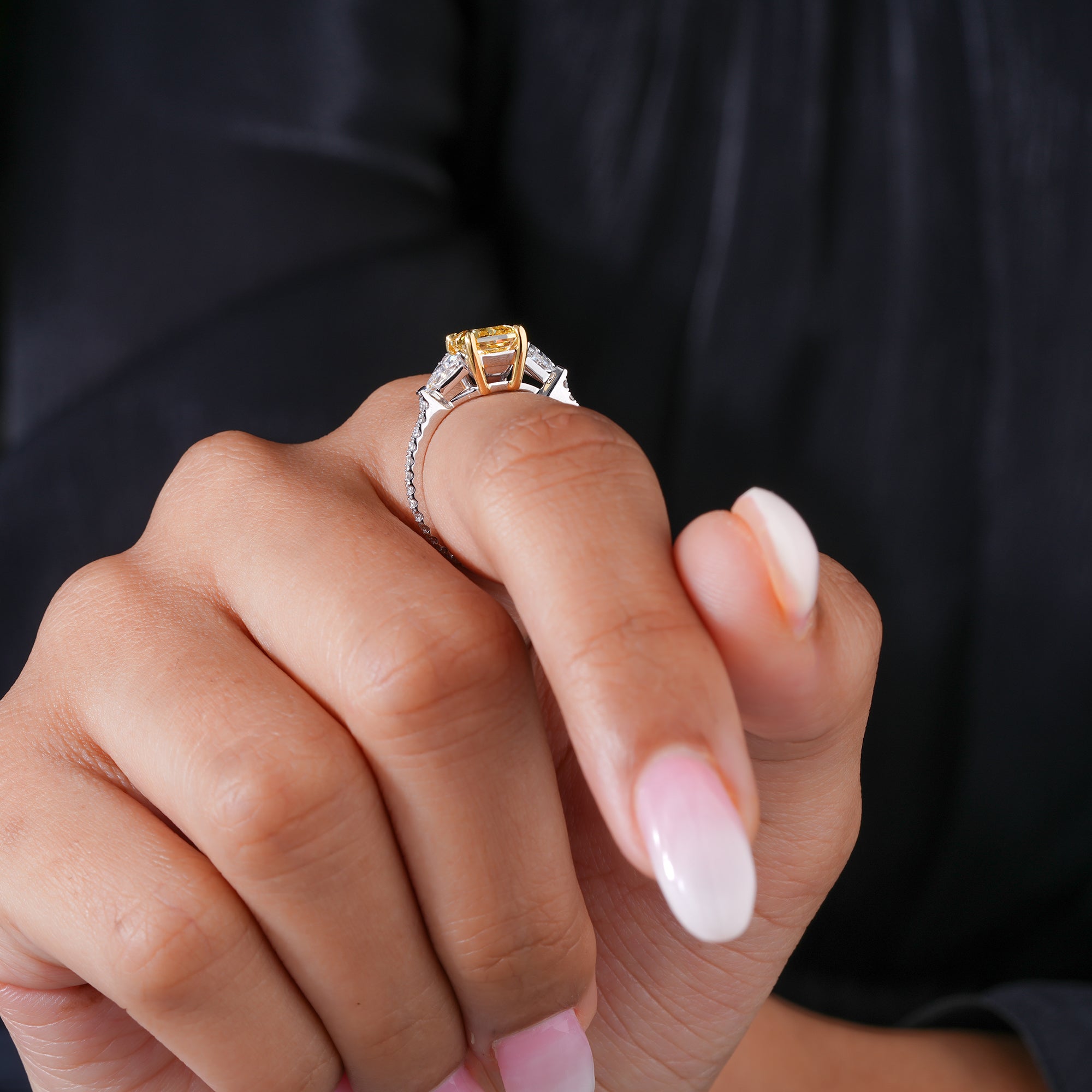 1.9 CT Yellow Radiant Cut Diamond Triangle & Round Cut Side Stone Ring