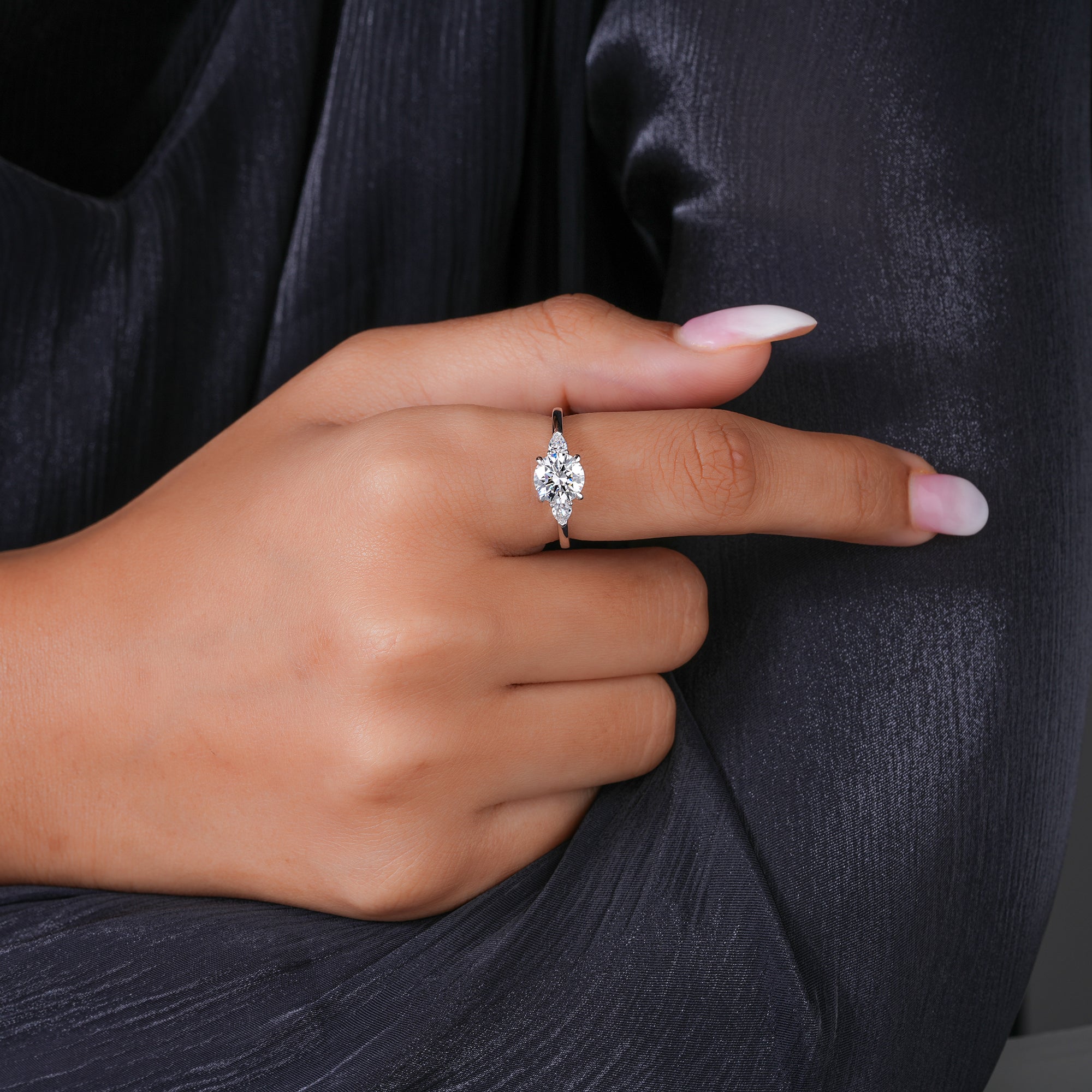 1.00 CT Round Diamond Three-Stone Ring with Pear Side Stones