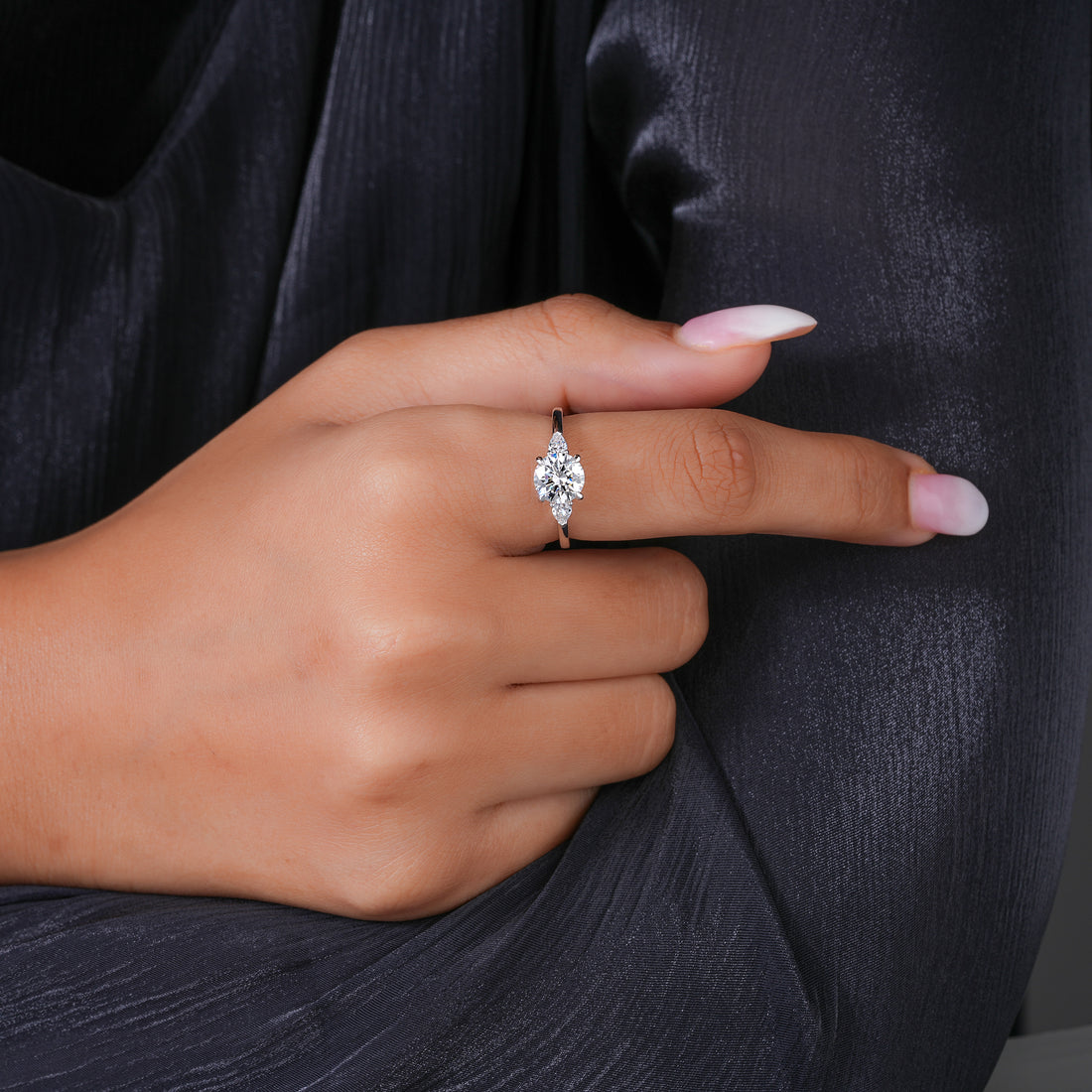 1.00 CT Round Diamond Three-Stone Ring with Pear Side Stones