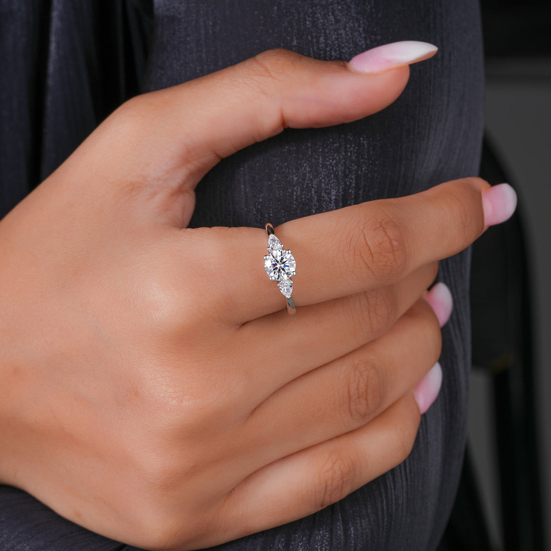 1.00 CT Round Diamond Three-Stone Ring with Pear Side Stones